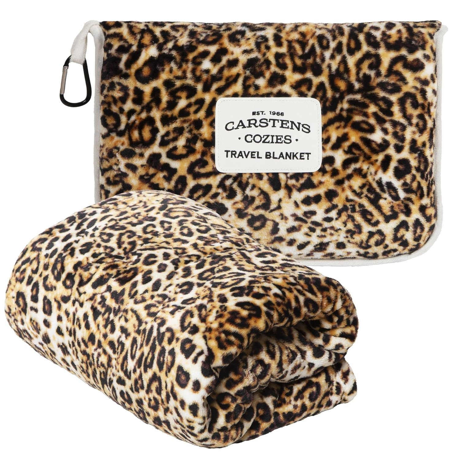 CARSTENS, INC. Travel Blanket, Premium Compact 2-in-1 Airplane Blanket/Pillow, Leopard Print