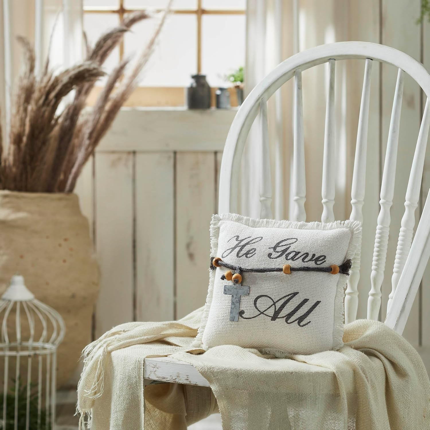 Antique White Cotton Burlap Square Pillow with Galvanized Cross