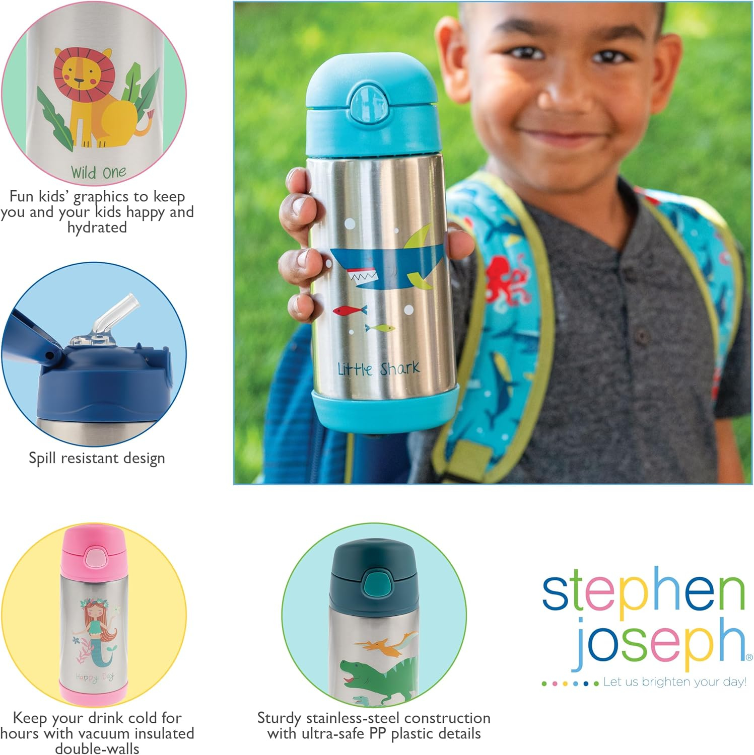 Stephen Joseph Double Wall Stainless Steel Bottles, Insulated Water Bottle for Kids Toddlers, Vacuum Insulated Bottle with Straw, BPA-Free Water Bottle – 11.8 Ounces, SHARK