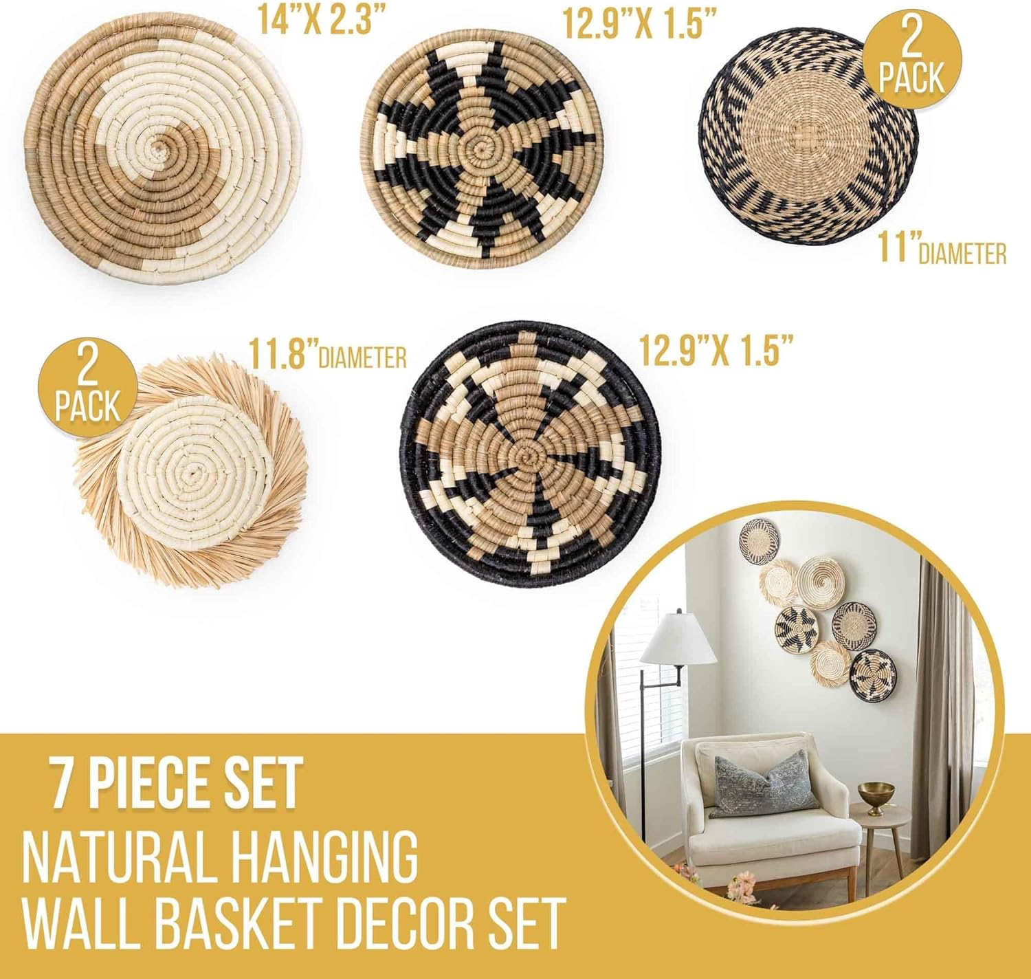 Hanging Woven Wall Basket Set - 7 Unique Handcrafted Seagrass Baskets for Boho, Farmhouse & Rustic Wall Decor, Table Settings & More - Ready to Hang with Nails & Marking Pencil Included