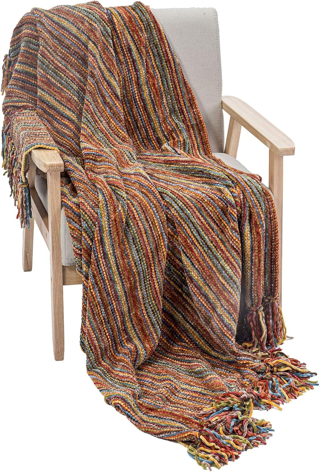 DECOMALL Decorative Throw Blanket with Fringe Soft Striped Multi Color Throws for Couch Sofa Armchair Bed 50”x 60” (Red Multi, 50”x 60”)