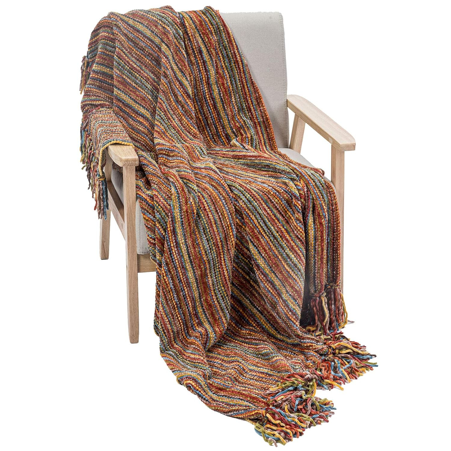 DECOMALL Decorative Throw Blanket with Fringe Soft Striped Multi Color Throws for Couch Sofa Armchair Bed 50”x 60” (Red Multi, 50”x 60”)