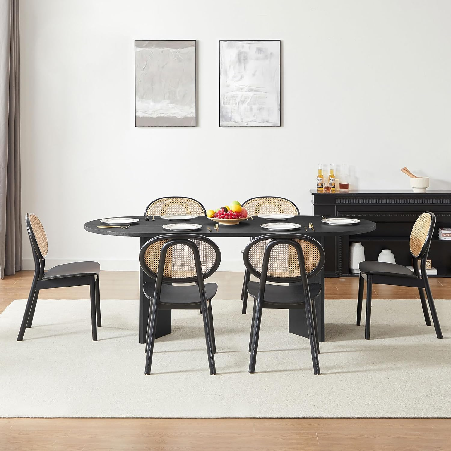 78" Black Oval Dining Table for 6 8 Person Wooden Kitchen Table Wood Dining Room Table Curved Meeting Tables Oval Conference Table with Wood Butterfly Base for Office
