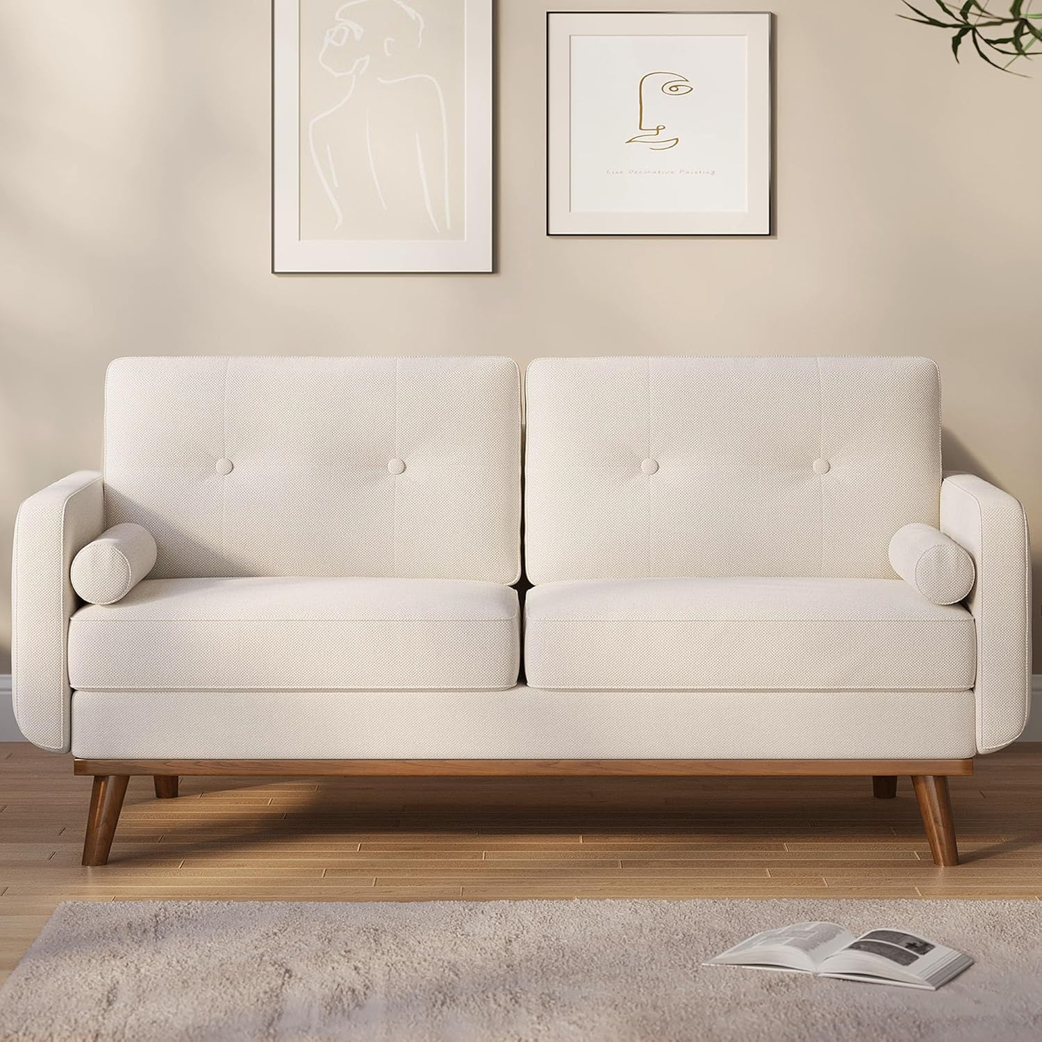 Beige Linen Upholstered Mid Century Modern Loveseat Sofa