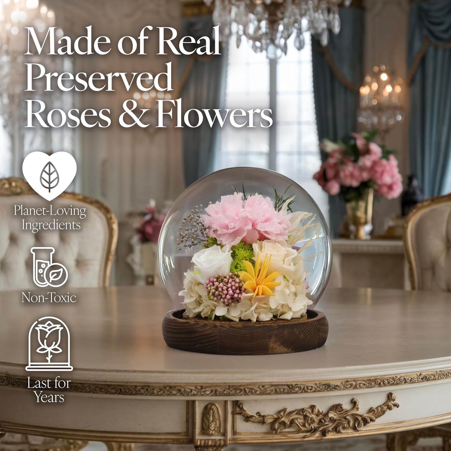 Preserved Flowers Rose in Glass Dome w/Light - Long Lasting Flowers, Flower Gifts for Women for Any Occasion - Home Decor, Comes w/Thick Gift Box - Glass Rose Flowers - White/Pink