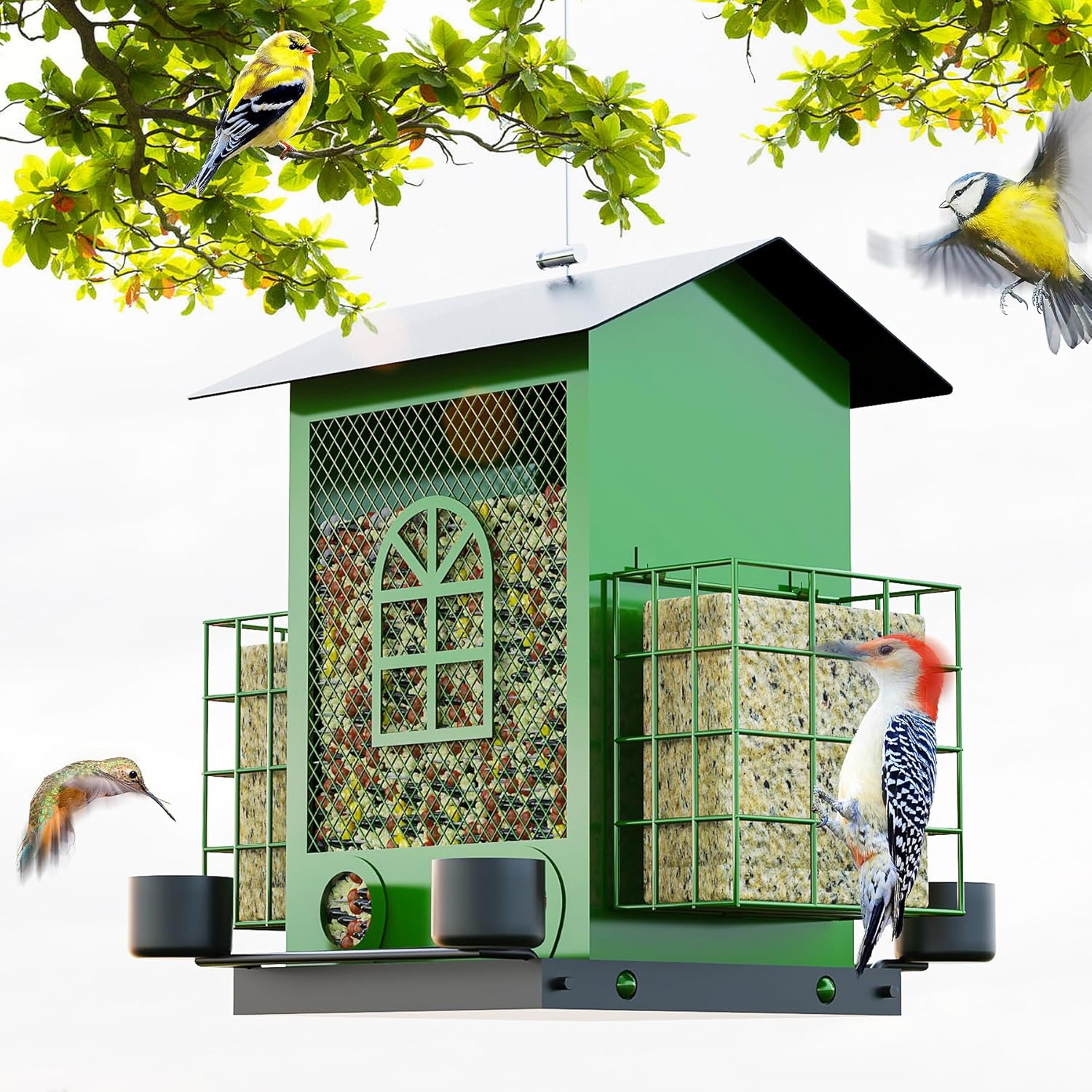 PerchMe®Bird Feeders for Outdoors Hanging, Metal Bird House Feeder with 2 Suet Cage and 4 Water Cups,Large Capacity,Weatherproof,Easy to Clean & Refill-Green