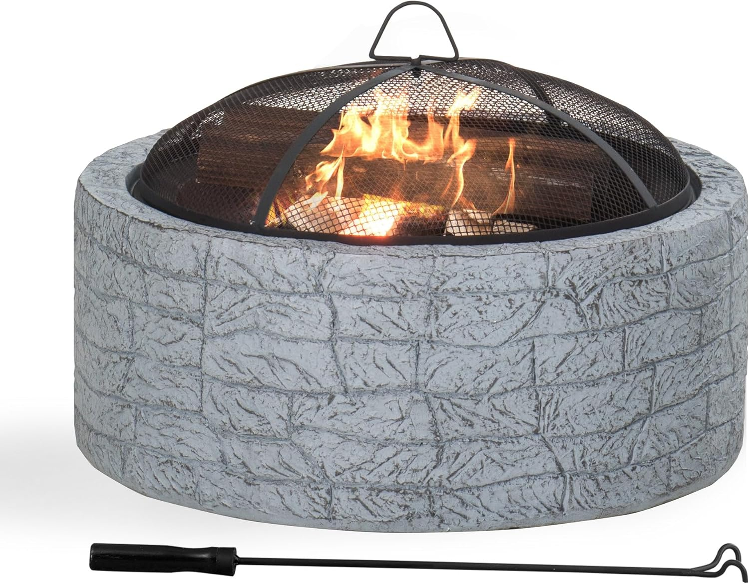 Sunjoy Stone Fire Pit 26 Inch, Outdoor Round Wood Burning Fire Pits with Spark Screen and Poker  Tan