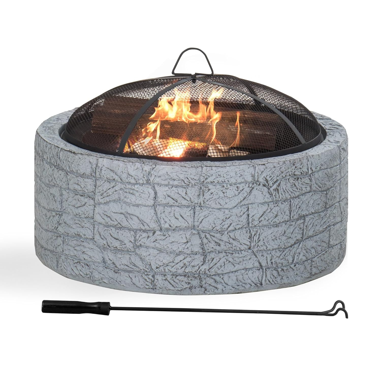 Sunjoy Stone Fire Pit 26 Inch, Outdoor Round Wood Burning Fire Pits with Spark Screen and Poker  Grey