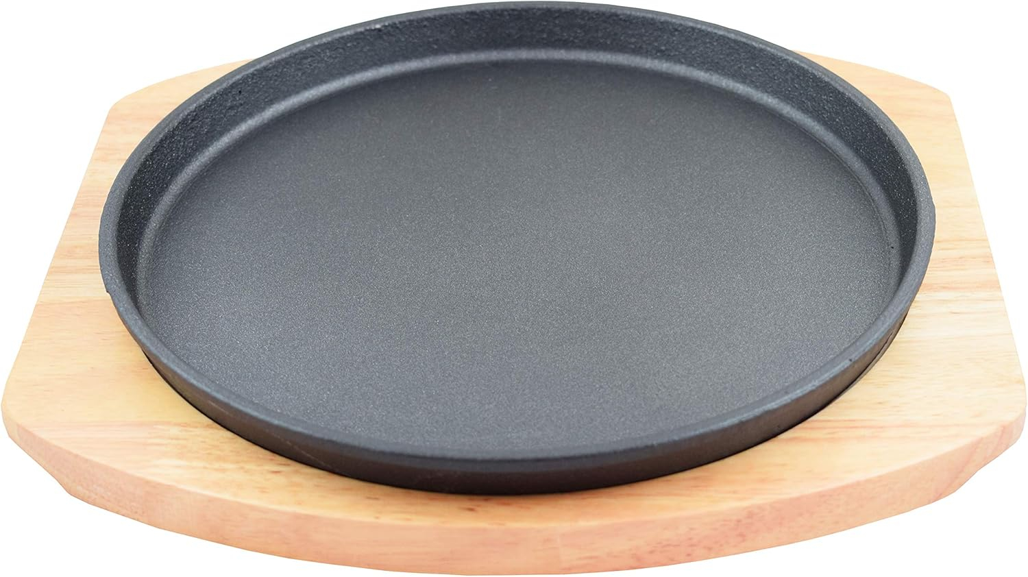 Round Cast Iron Set W/ Rubber Wood Underliner For Making Pizza, Sizzling meat (11.80")