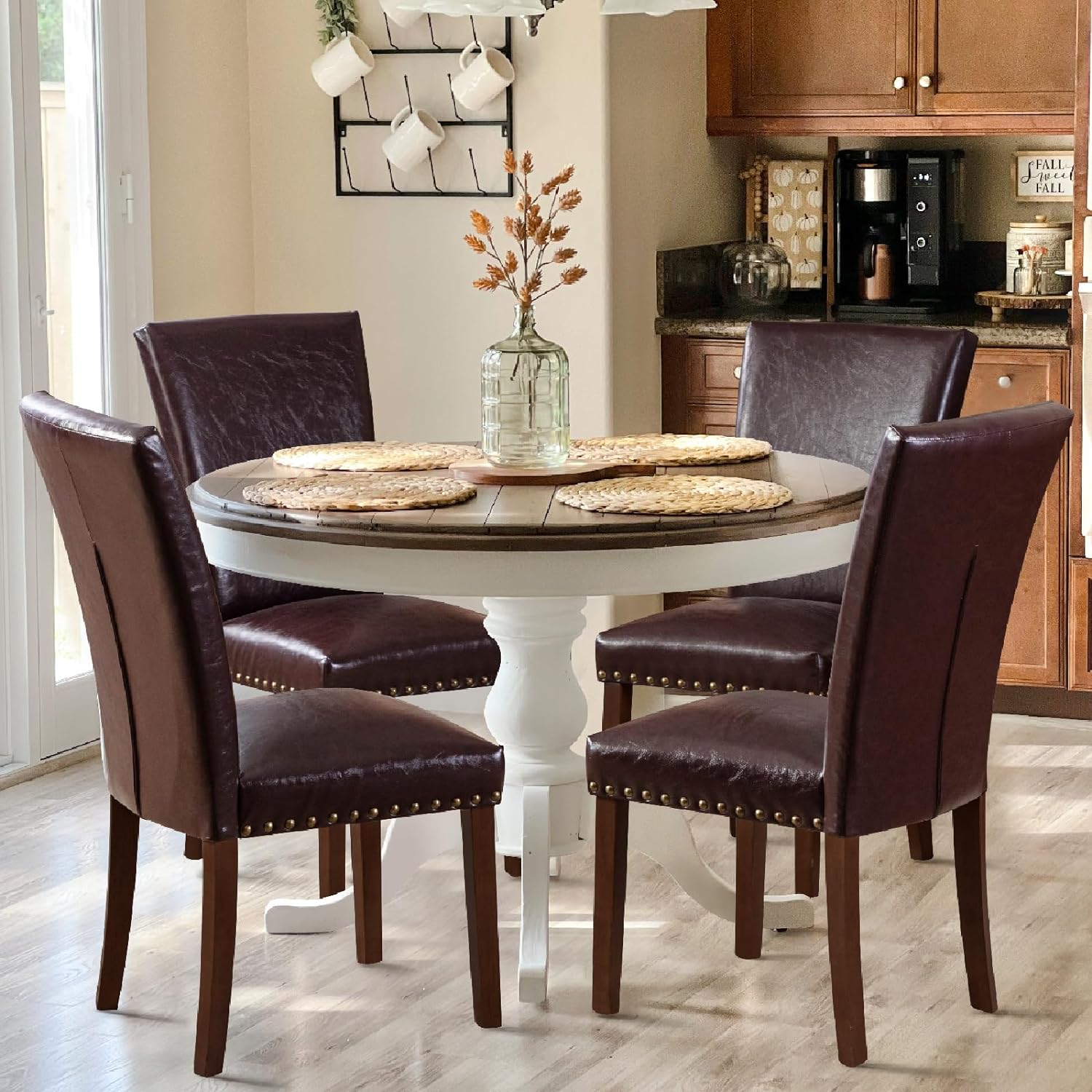 COLAMY Upholstered Parsons Dining Chairs Set of 2, PU Leather Dining Room Kitchen Side Chair with Nailhead Trim and Wood Legs - Dark Brown