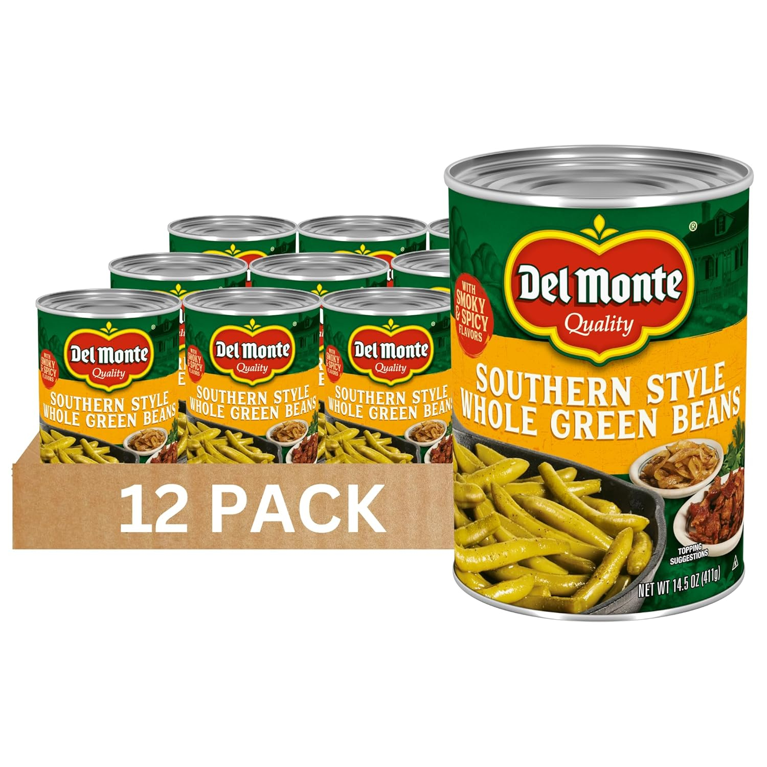(12 pack) Del Monte Southern Style Whole Green Beans, Canned Vegetables, 14.5 oz Can
