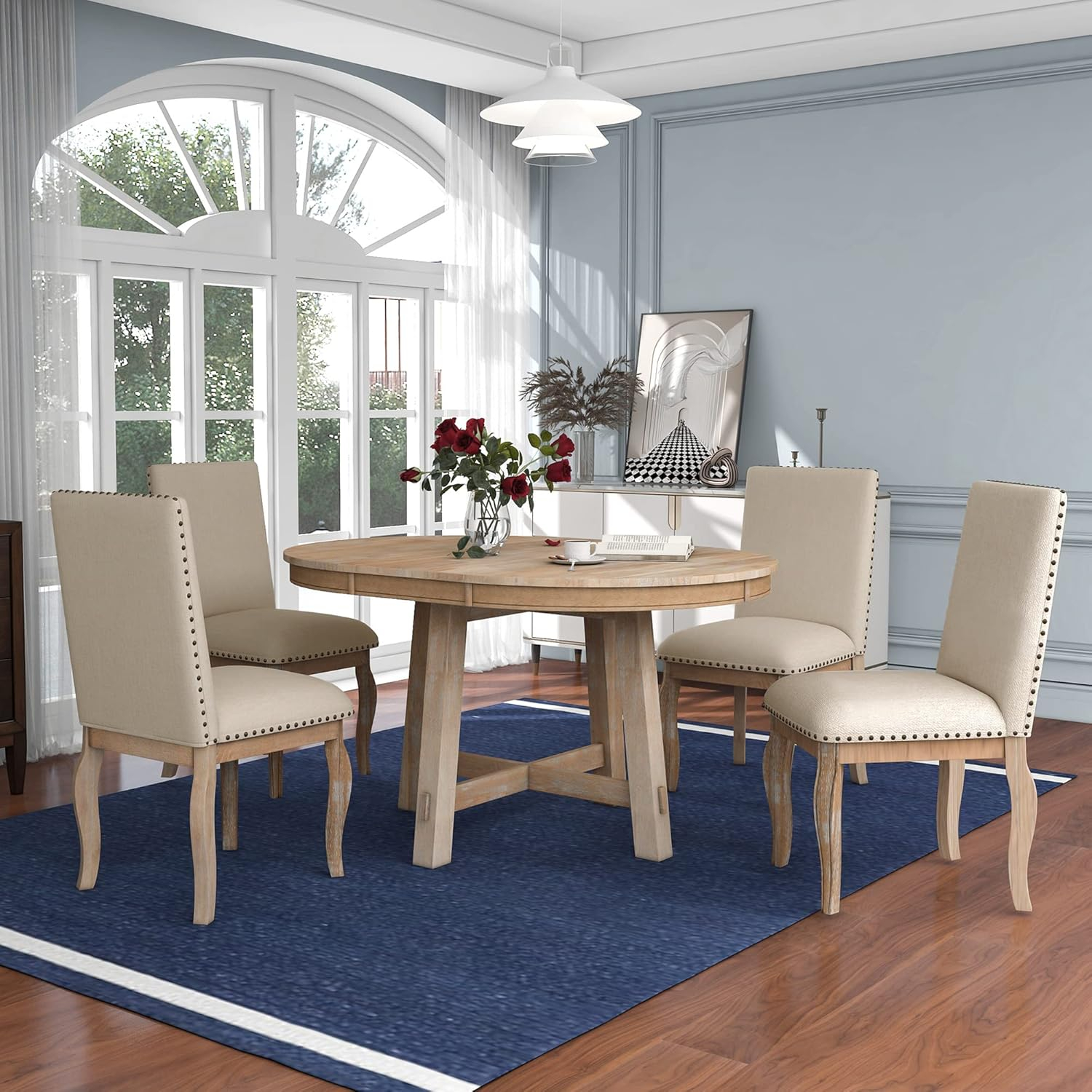 P PURLOVE 5 Pieces Dining Table Set Round Kitchen Extendable Dining Table with 4 Upholstered Chairs for Dining Room, Chair with Nail Head Trim, Bistro Table Set, Natural Wood Wash