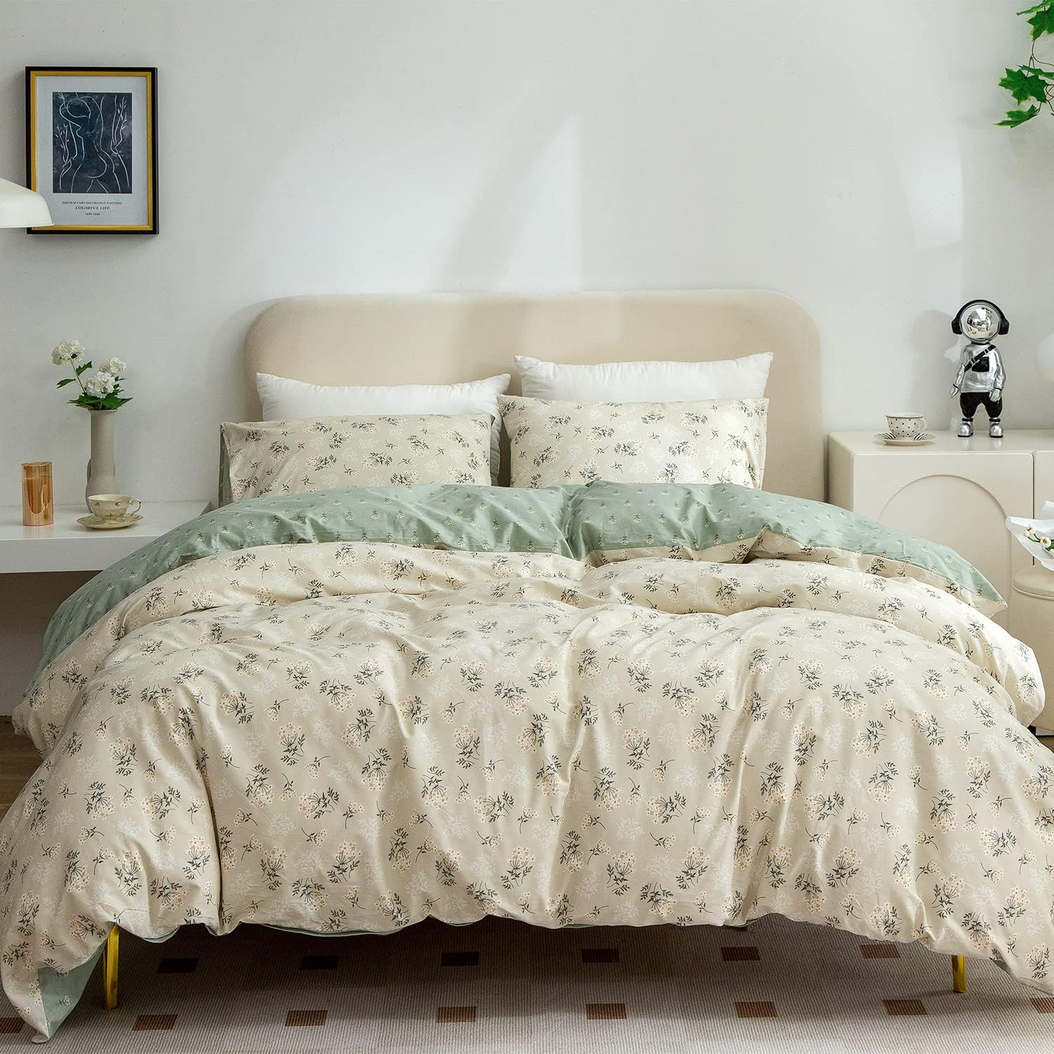 Floral Comforter Set King 3 Pieces Soft Chic Garden Style Green Floral Print Lightweight Botanical Flower Comforter Set for All Seasons 1 Comforter and 2 Pillowcases