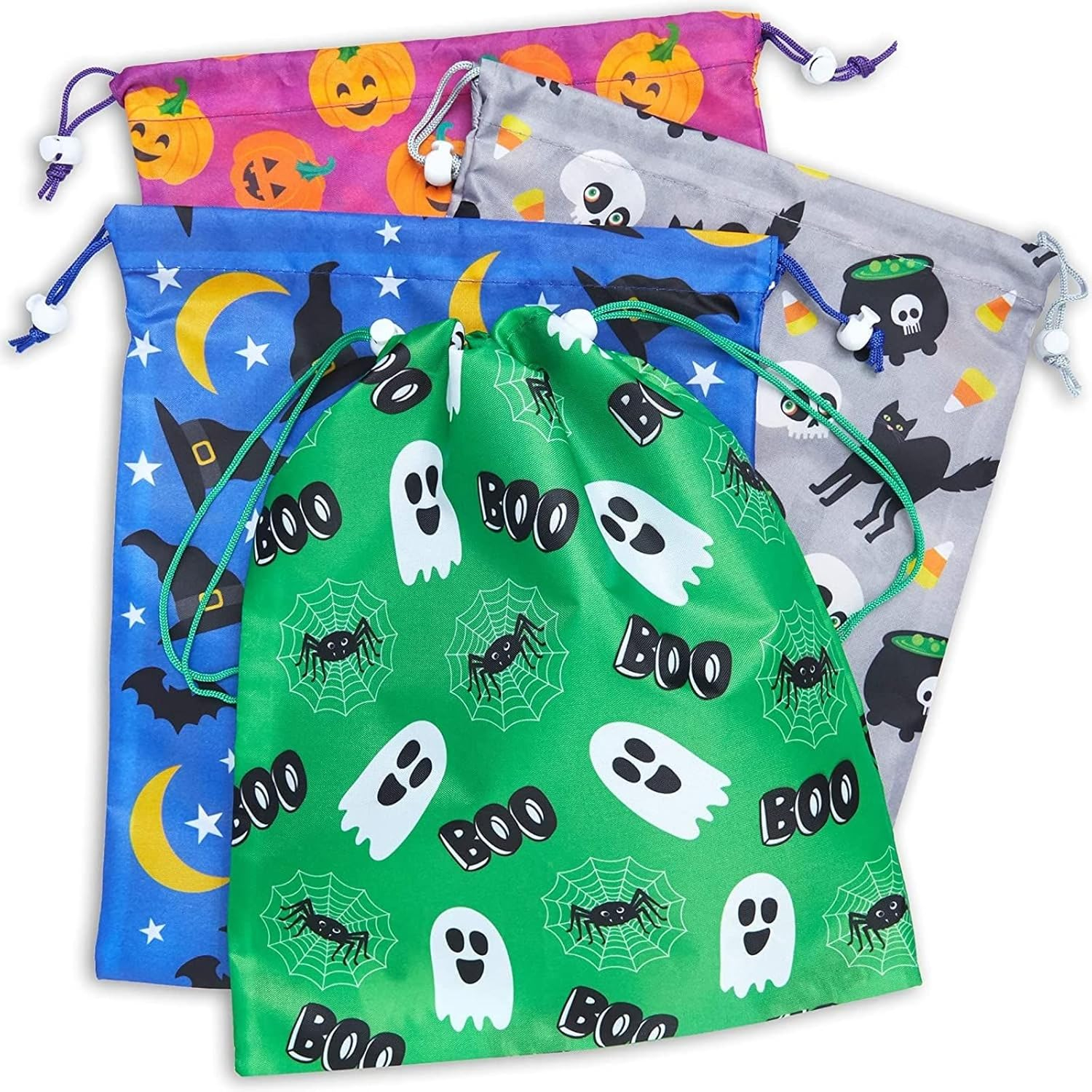 BLUE PANDA Halloween Fabric Drawstring Treat Bags - 12 Pack 10 x 12 in Reusable Polyester Favor Bags - Assorted Ghost, Pumpkin & Witch Designs for Parties & Trick-or-Treat