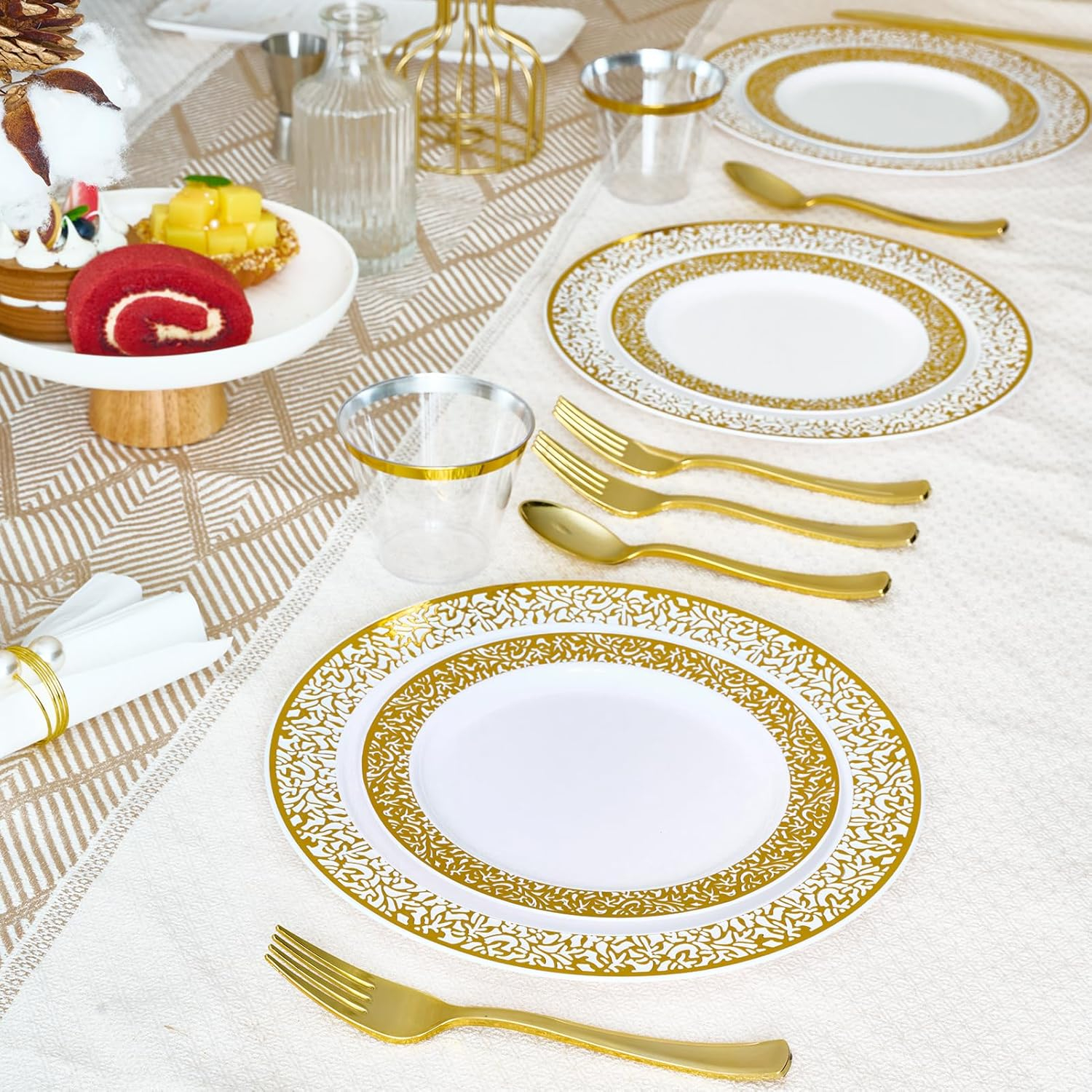 150 Count Gold Plastic Dinnerware Set, Elegant Disposable Include: 25 Gold Lace Plastic Plates, 25 Dessert Plates, 25 Forks, 25 Knives, 25 Spoons, 25 Cup, Ideal for Party, Birthday