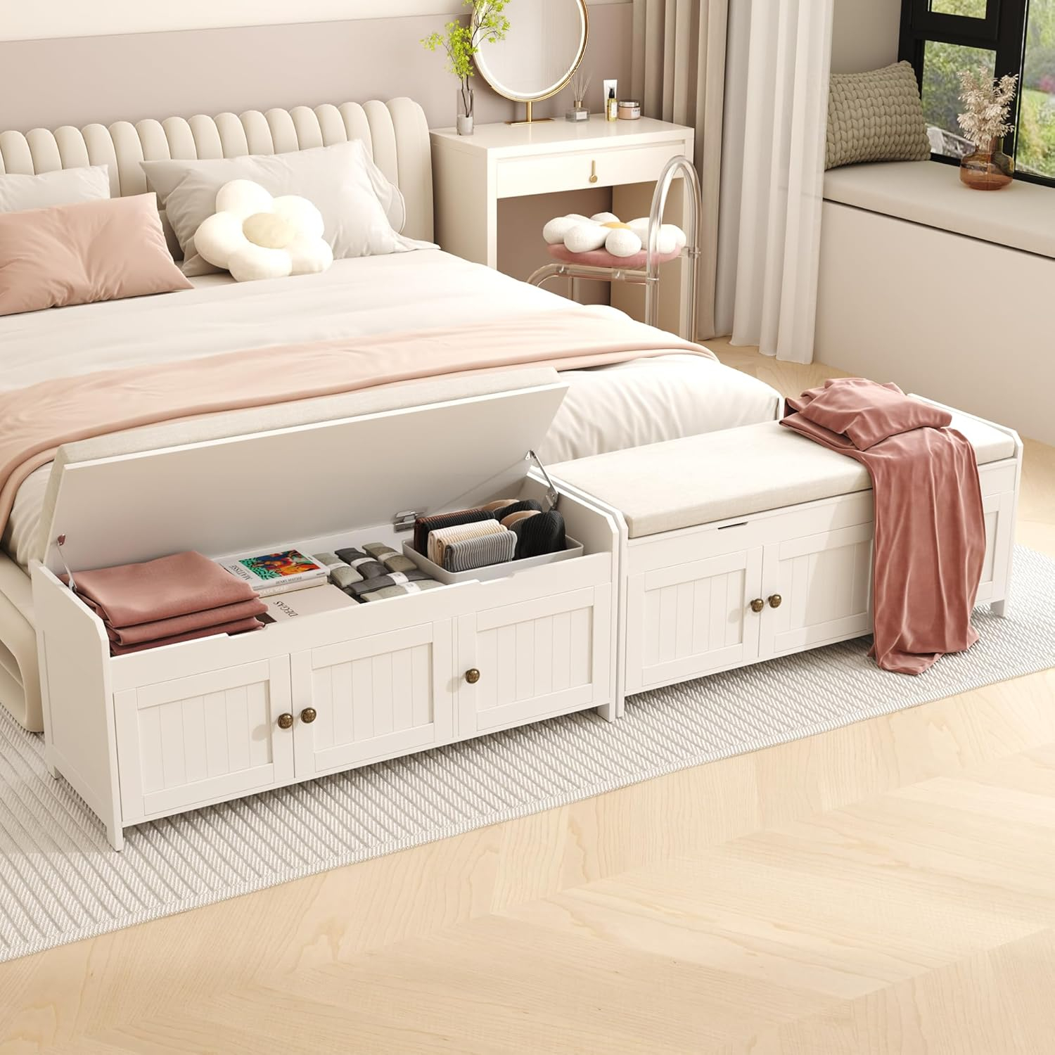 HOMEFORT 41.3" Shoe Bench with Lift Top Storage, Entryway Bench with Cushioned Seat, Wooden End of Bed Bench, Shoe Cabinet Bench with Hidden Storage Space, for Bedroom, Hallway,White