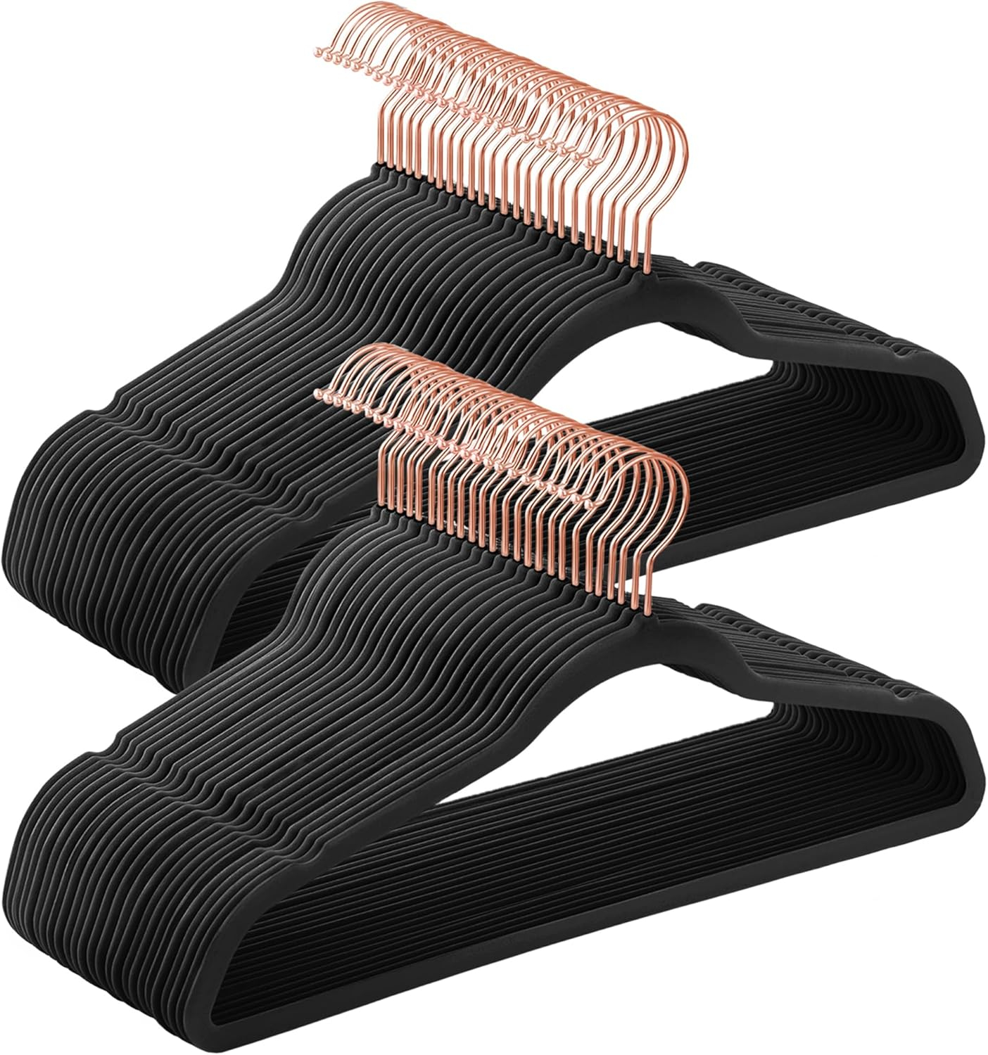 SONGMICS Velvet Hangers 50 Pack, Non-Slip with Rose Gold-Colored Swivel Hooks, Slim Space-Saving for Closet, Heavy-Duty, Black UCRF026B50