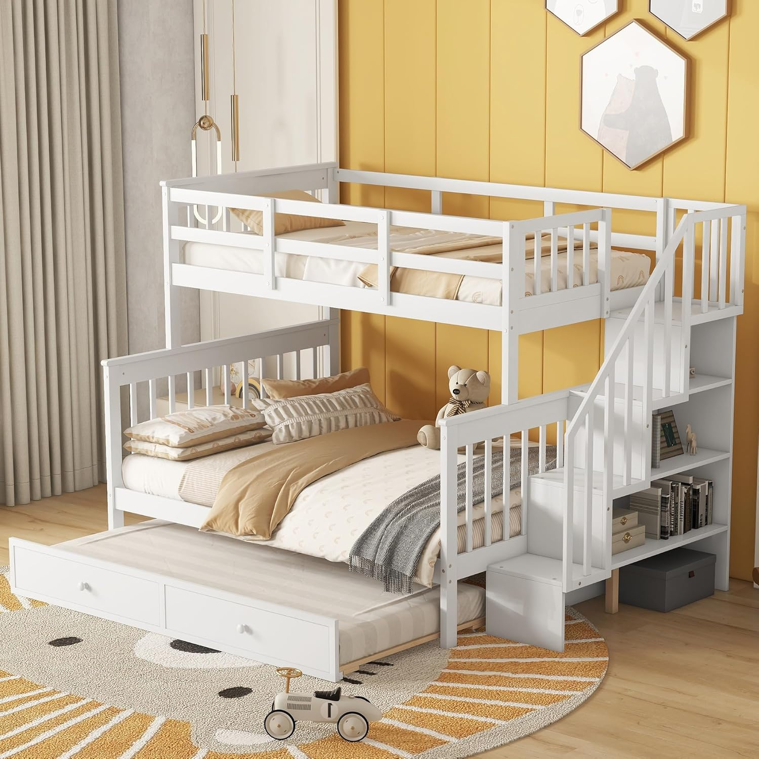CITYLIGHT Bunk Bed Twin Over Full with Trundle, Bunk Beds with Stairs and Open Shelves, Wooden Stairway Bunk Bed for Kids, Teens,Bedroom, Dorm(White,Twin Over Full)