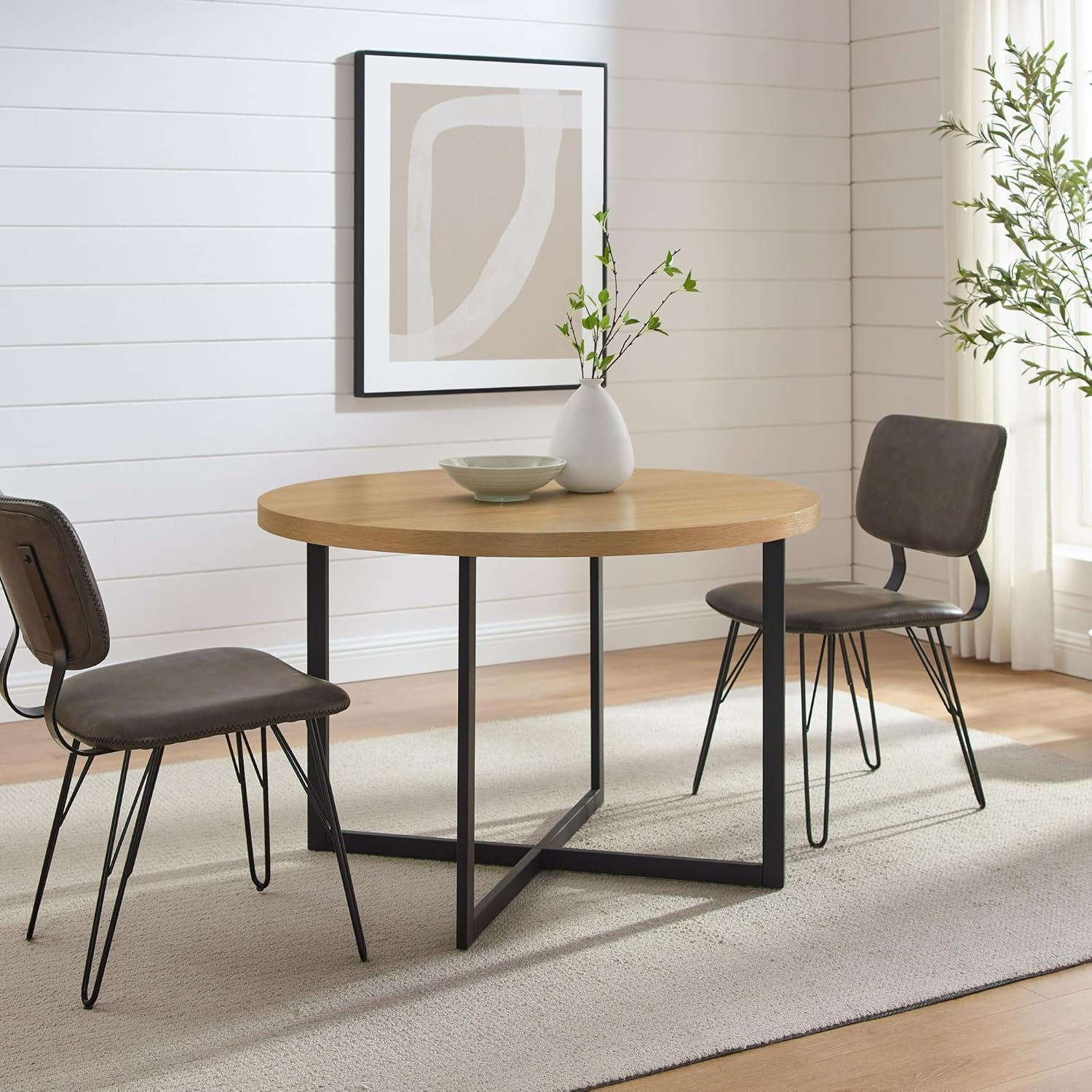 Walker Edison Urban Industrial Metal and Wood Round Dining Table, Coastal Oak