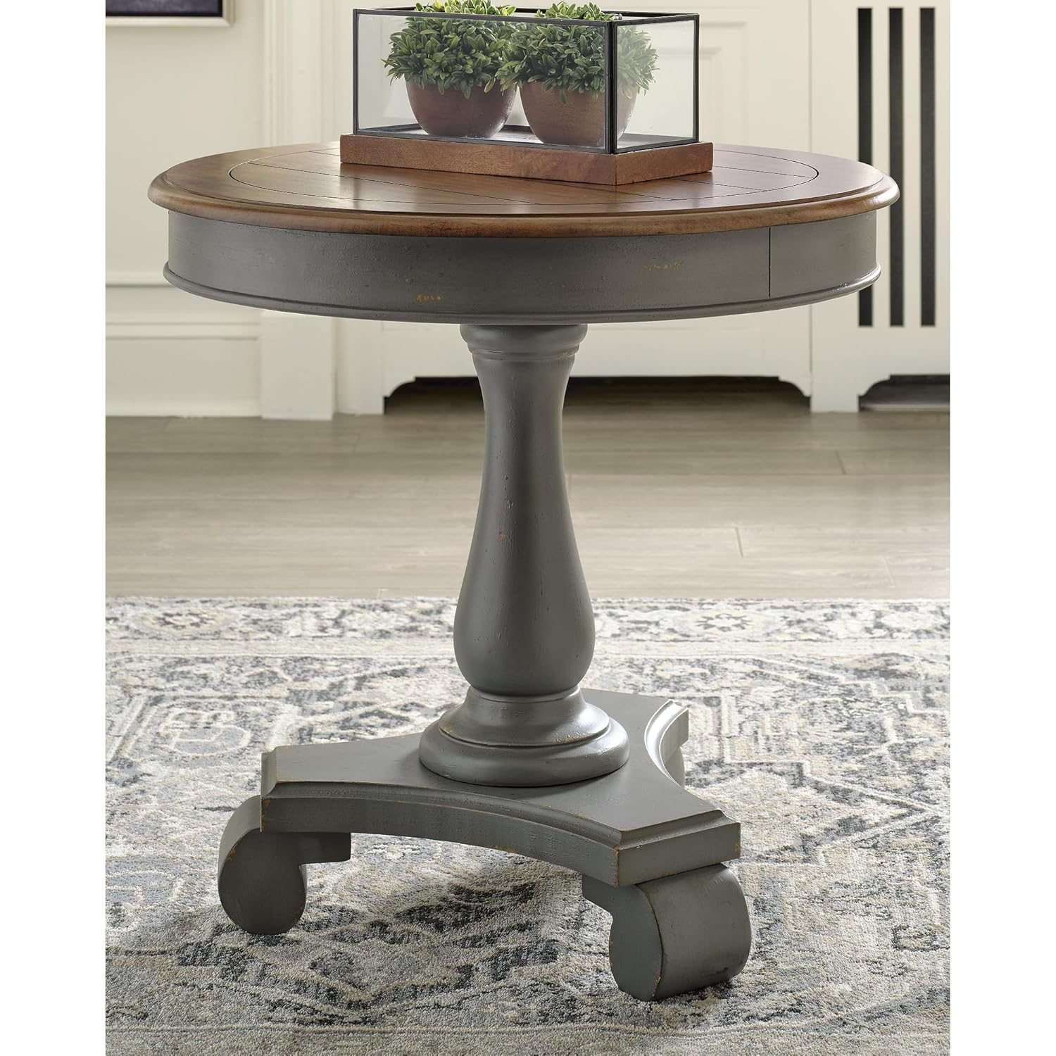 Transitional Gray & Brown Round Wood Accent Table, 26.13"