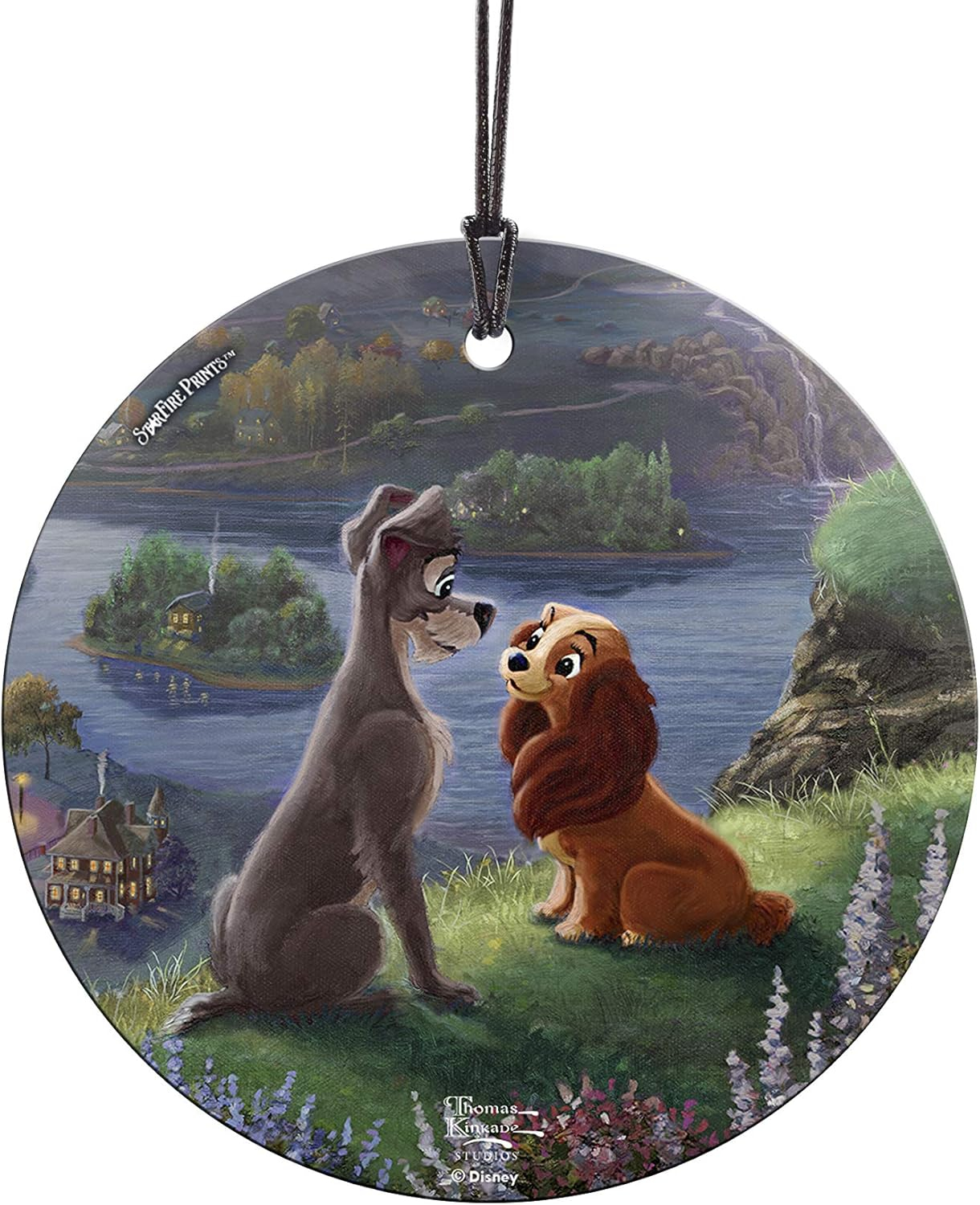 Disney – Lady and The Tramp – Falling in Love – Thomas Kinkade – 3.5” Starfire Prints Hanging Glass Print Accessory - Ideal for Gifting and Collecting – by Trend Setters Ltd.