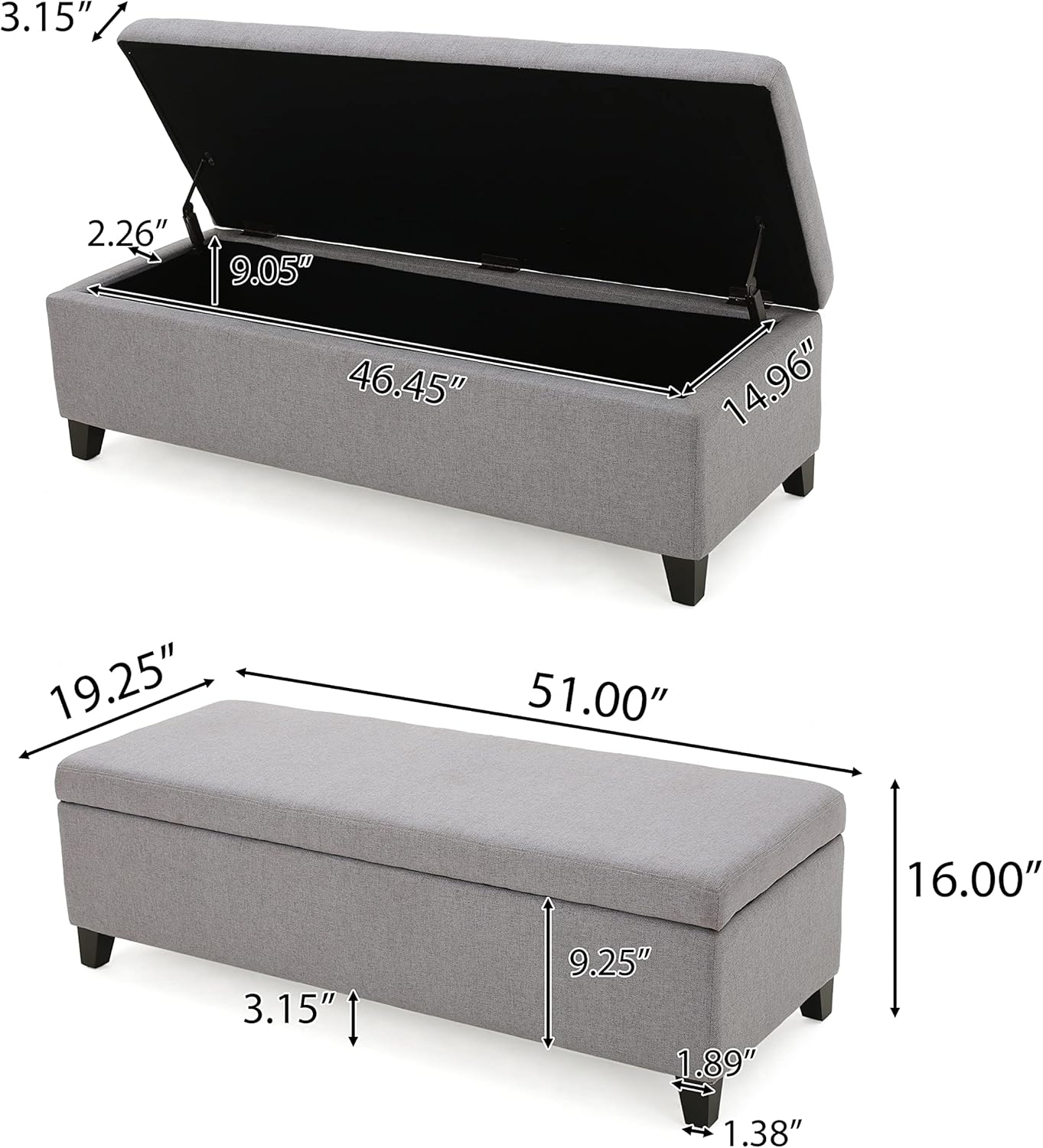 Christopher Knight Home Gable Fabric Storage Ottoman, Light Grey, Dimensions: 19.25”D x 50.75”W x 16.00”H