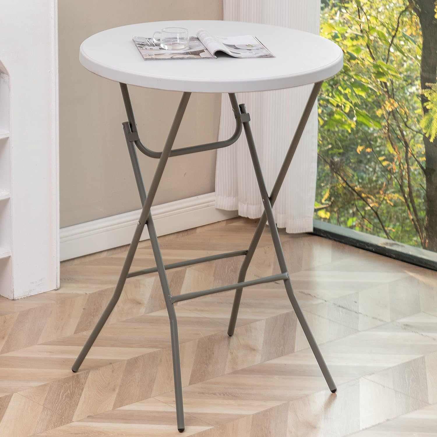 BTEXPERT 32" Round 43" Bar Height White Granite Plastic Folding Table Portable Commercial Table Banquet Card Coffee Dining Table for Wedding Party Event Home Kitchen Outdoor
