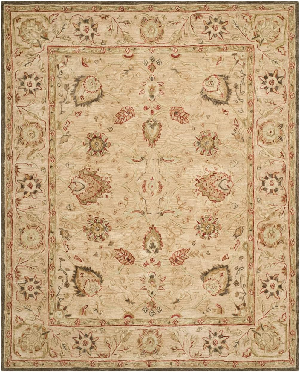 Beige Floral Handmade Wool 8' x 10' Area Rug