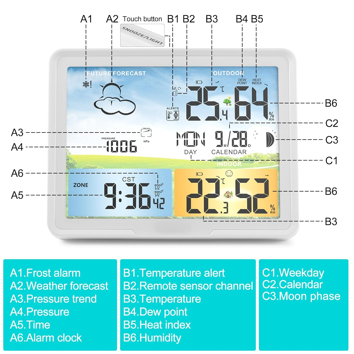 Weather Station Wireless Indoor Outdoor Thermometer, Color Display Digital Thermometer Humidity Monitor with Atomic Clock, Forecast Station with Calendar and Adjustable Backlight for Home