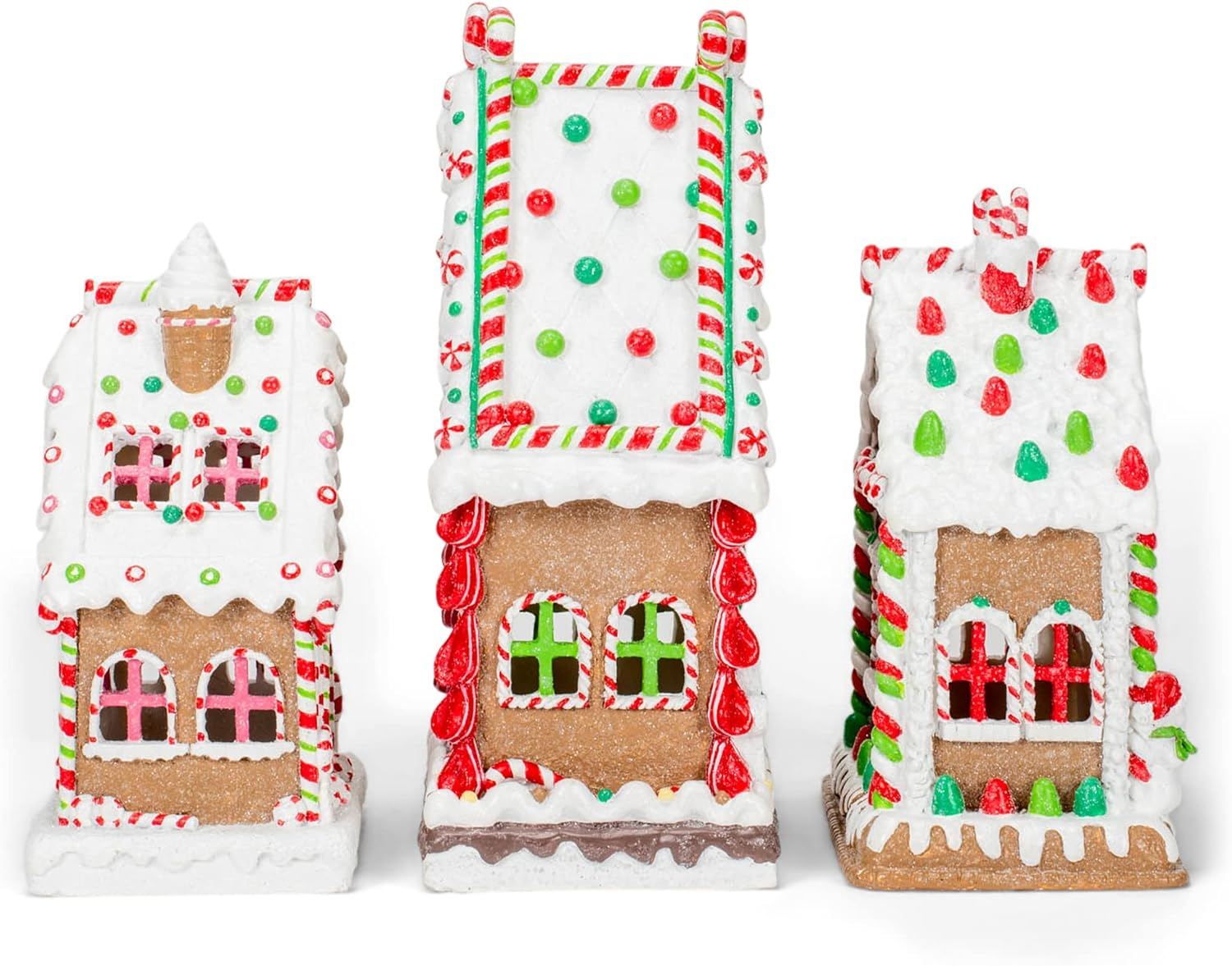 Mark Feldstein & Associates Gingerbread Village Red 8 inch Porcelain Holiday Tea Light Figurines Set of 3