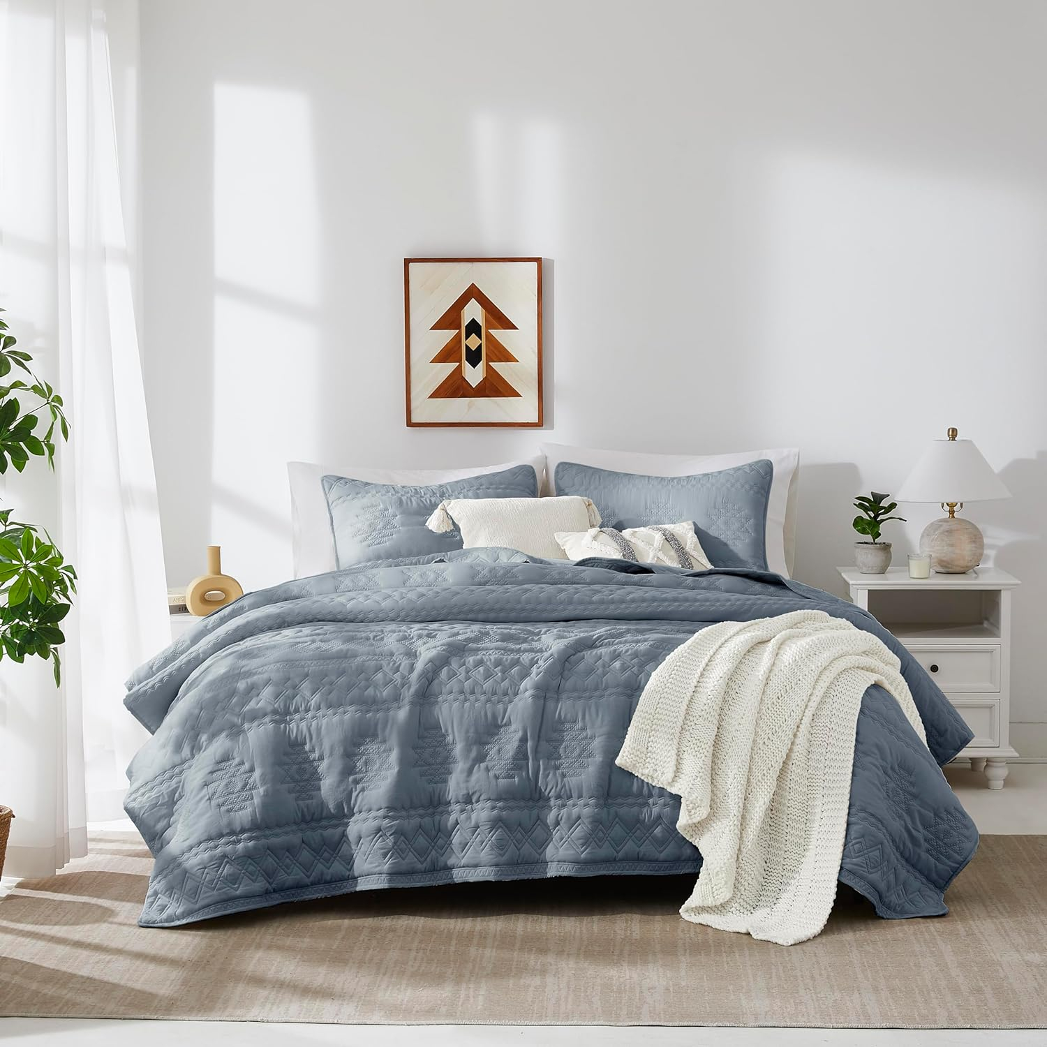 WDCOZY Boho Blue Grey Oversized California Cal King Size Quilt Bedding Sets with 2 Pillow Shams, Farmhouse Lightweight Soft Bedspread Coverlet for All Season, 116x106 inches