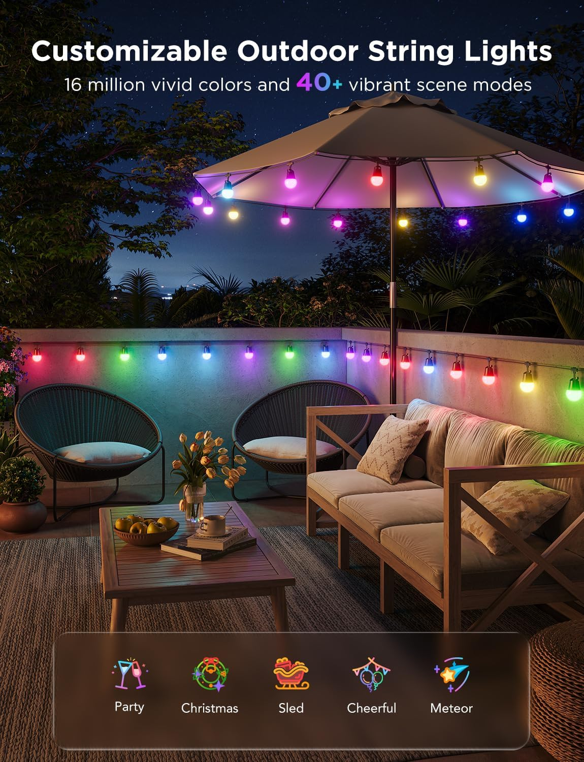 48ft Multicolor LED Outdoor String Lights with App Control