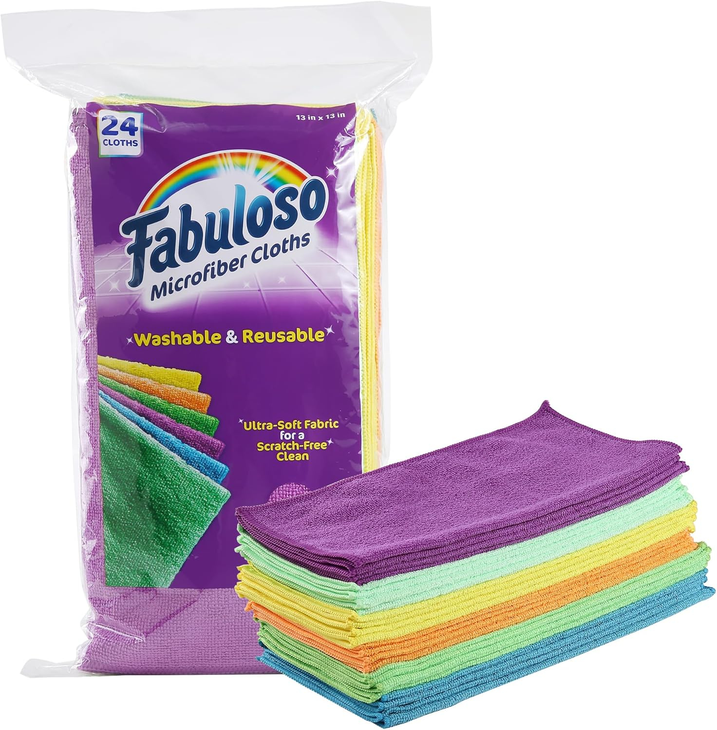 Fabuloso Microfiber Cleaning Cloths, 24 ct, Rainbow Colors | Lint-Free, Scratch-Free Cleaning Cloths for Surfaces and Wood Furniture | Microfiber Dustless Cloth for Bold and Bright Cleaning Experience