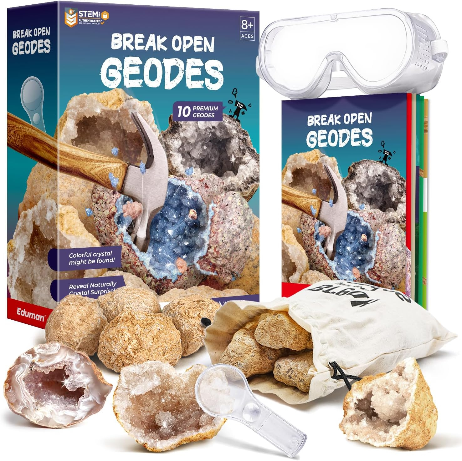 Eduman Geodes Kit, Break Open 10 Geodes, STEM Educational Geology Toys Science Kit ,Gift for Child Age 6+