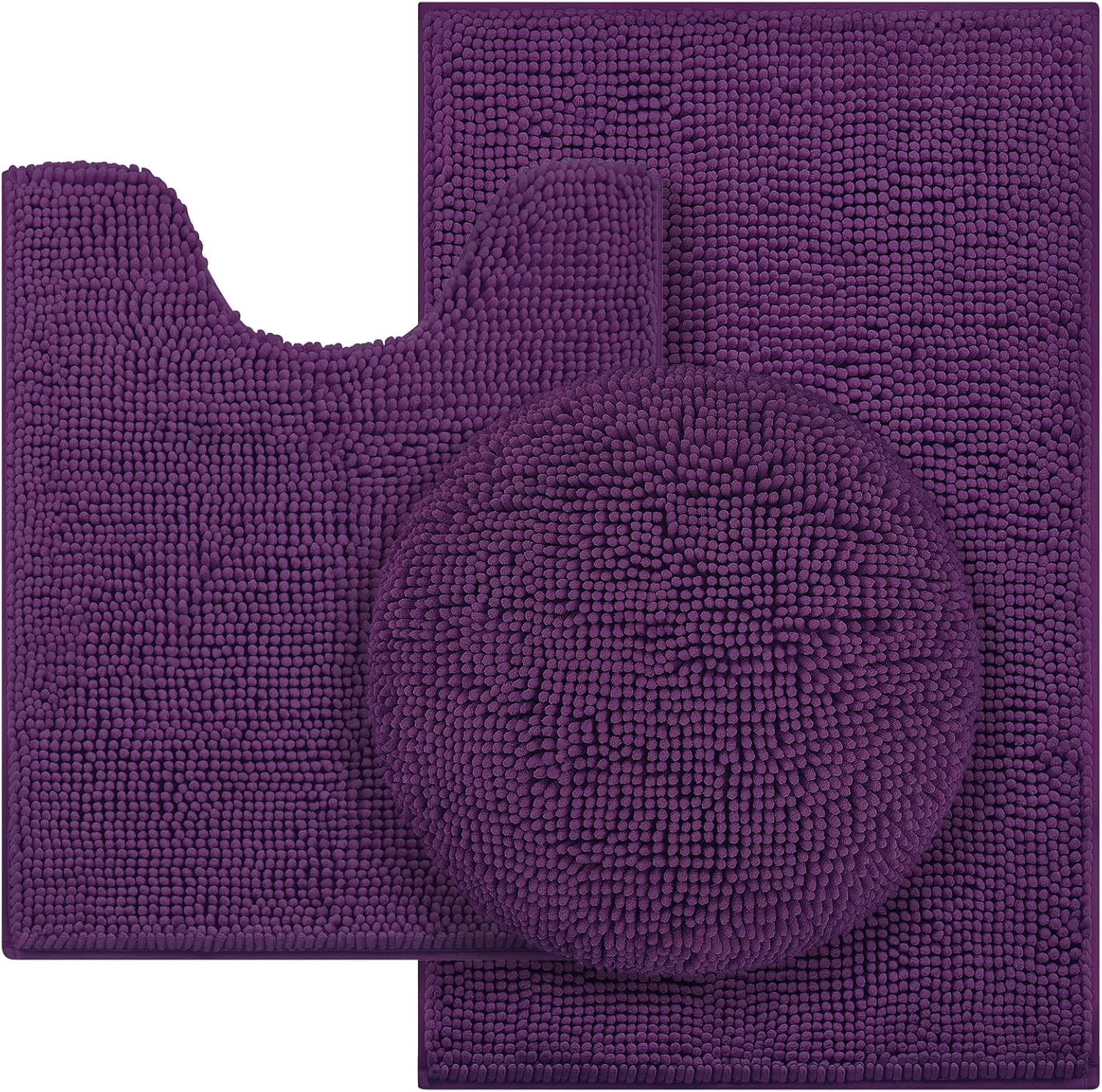 HOMEIDEAS 3 Pieces Dark Purple Bathroom Rugs Set, Ultra Soft Non Slip Bath Rug and Absorbent Chenille Bath Mat, Includes U-Shaped Contour Rug, Bath Mat and Toilet Lid Cover, Perfect for Bathroom Floor
