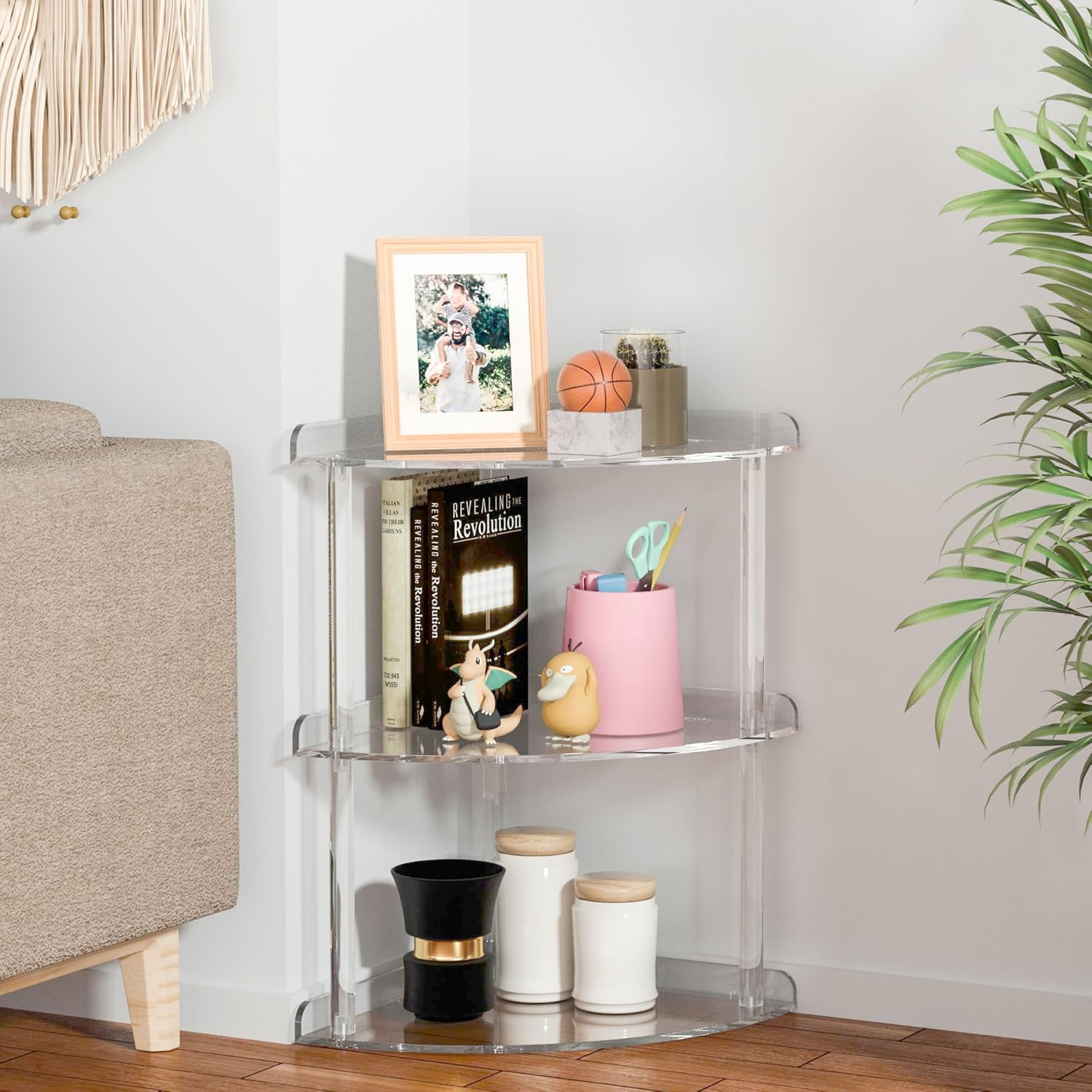 3 Tier Acrylic Corner Shelf Organizer Storage 9.5x9.5x15.7 Inch, Transparent Countertop Corner Shelf for Bathroom, Kitchen, Bedroom, Office, Study Room