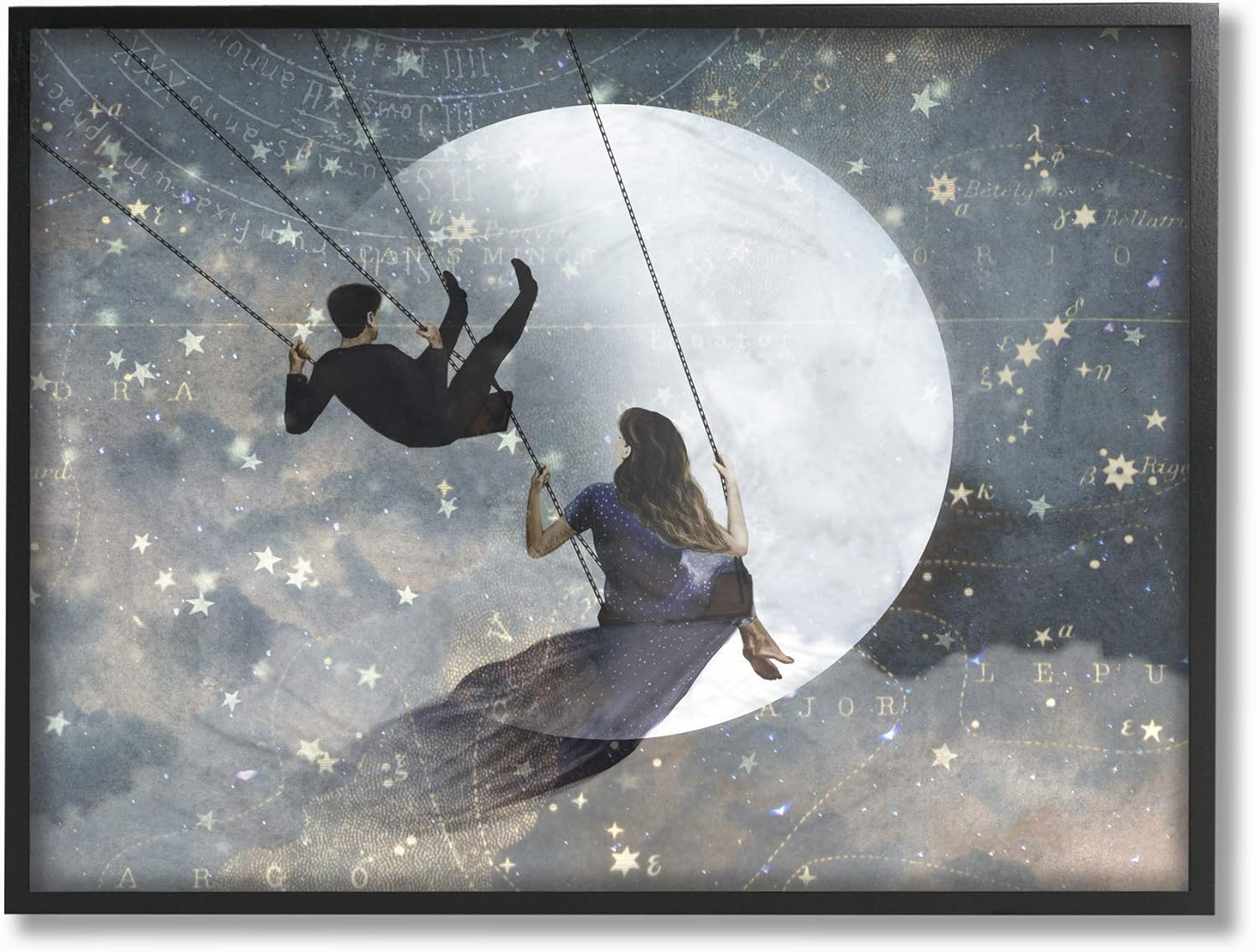 The Stupell Home Decor Collection Grey and Blue Celestial Love Sky Swinging by the Full Moon and Stars Framed Giclee Texturized Art, 11 x 1.5 x 14