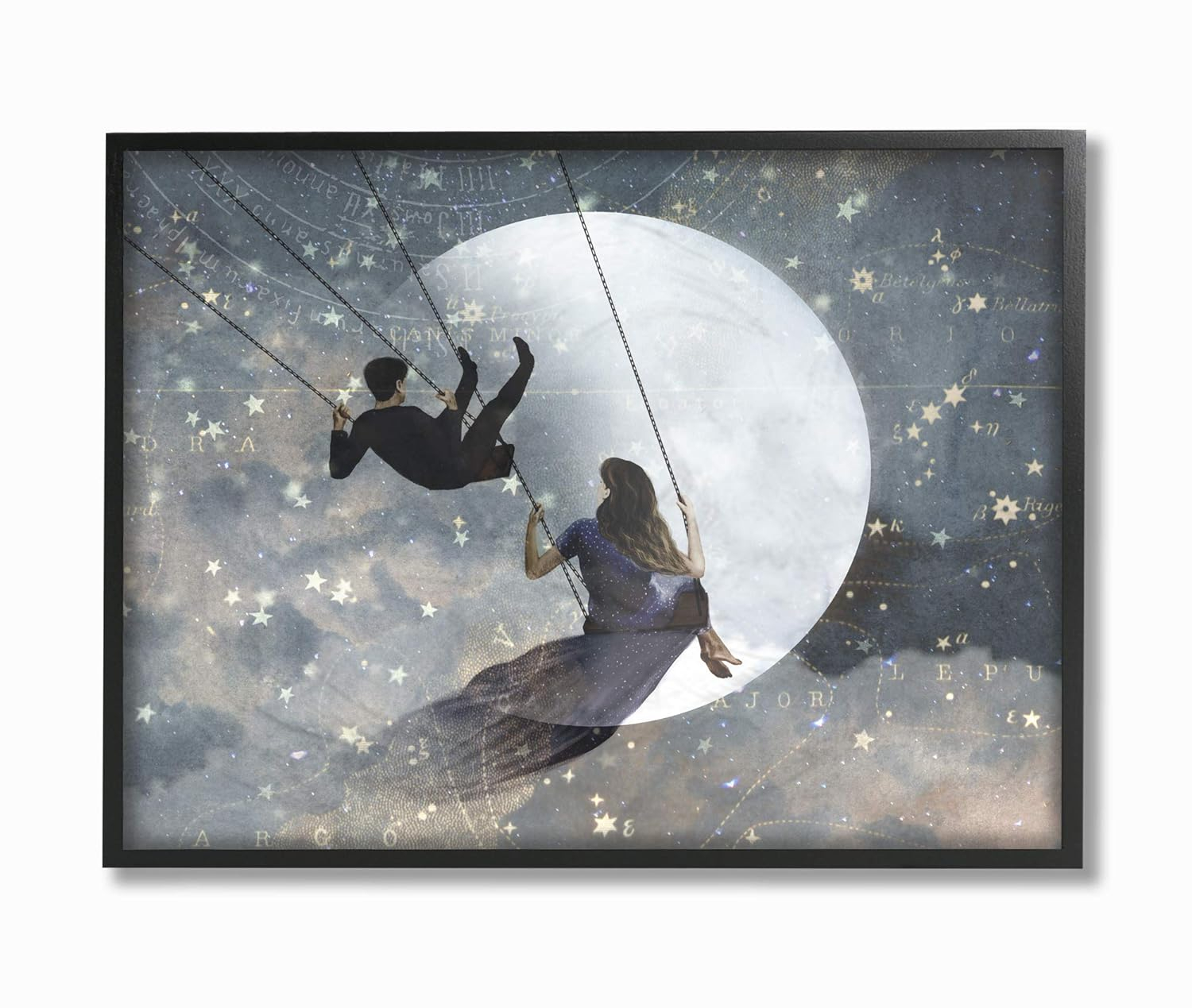The Stupell Home Decor Collection Grey and Blue Celestial Love Sky Swinging by the Full Moon and Stars Framed Giclee Texturized Art, 11 x 1.5 x 14