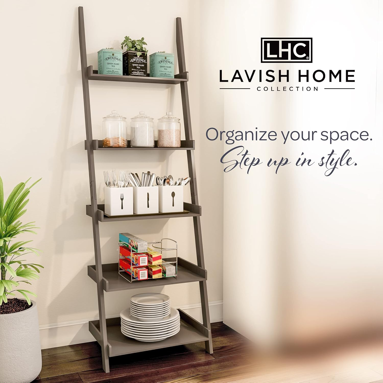 Bookshelf - 5-Tier Ladder Shelf with Leaning Look - Bookcase for Home Decor and Office Storage - Freestanding Book Shelves by Lavish Home (Gray)