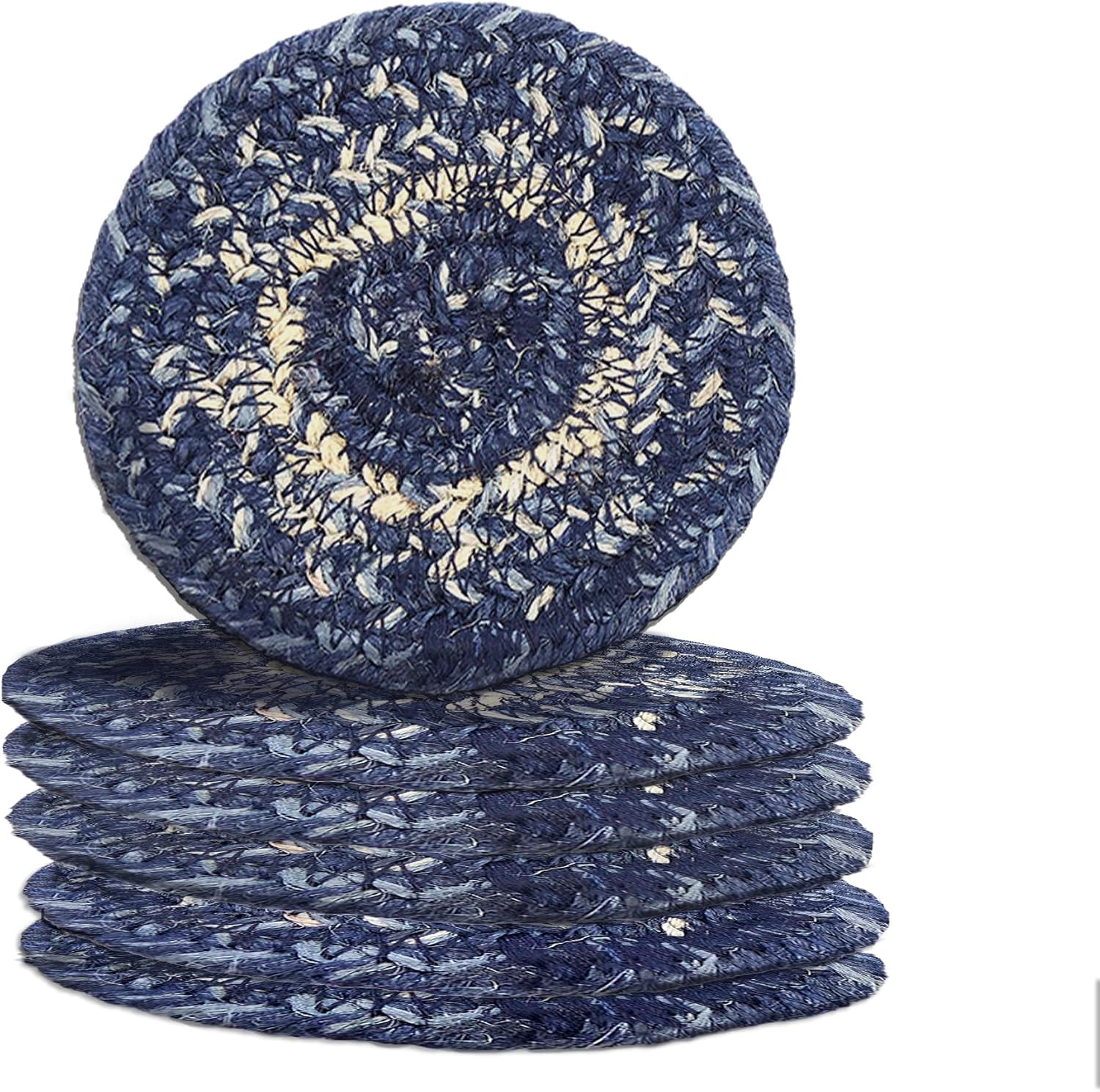 VHC Brands Great Falls Blue Coasters, Blue White, Jute Blend, Round Circle, Set of 6 Coasters
