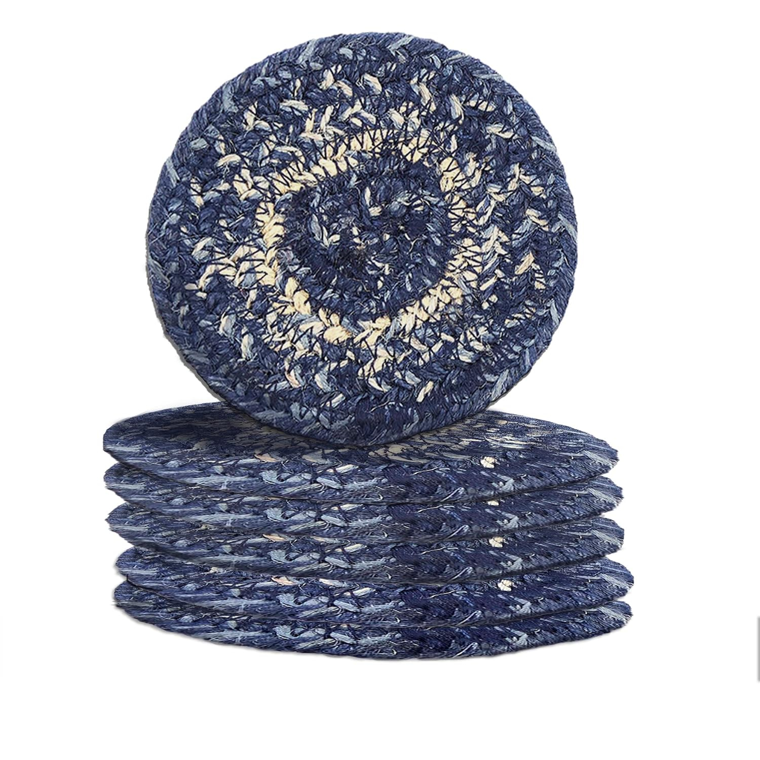VHC Brands Great Falls Blue Coasters, Blue White, Jute Blend, Round Circle, Set of 6 Coasters