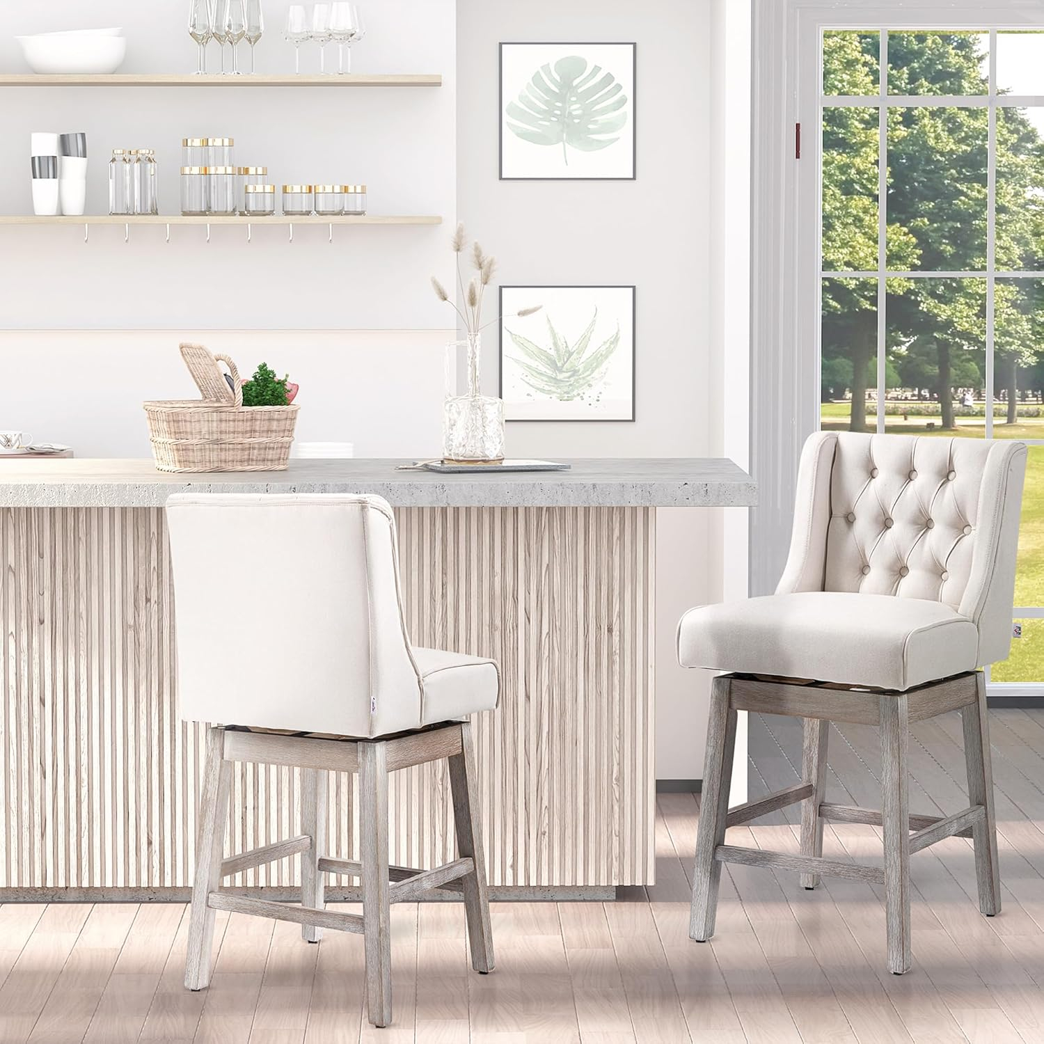 HOMCOM Counter Height Bar Stools Set of 2, 180 Degree Swivel Barstools, 27" Seat Height Bar Chairs with Solid Wood Footrests and Button Tufted Design, Beige