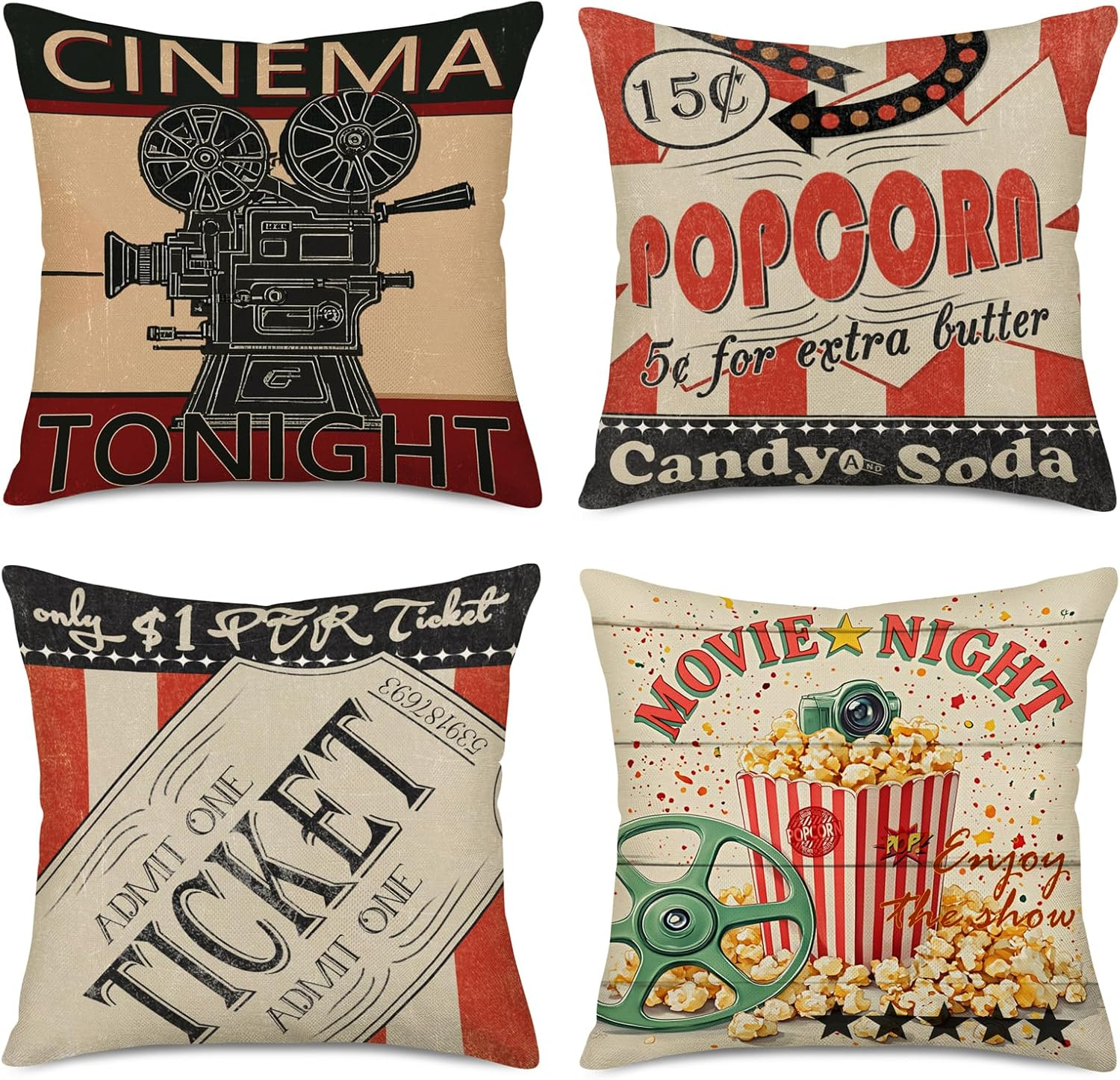 Smilyard Movie Theater Cinema Throw Pillow Covers Vintage Cinema Ticket with Popcorn Throw Pillow Case 18x18 Inch Cotton Linen Personalized Home Decor Cushion Cover for Sofa Set of 4 (Cinema Set)