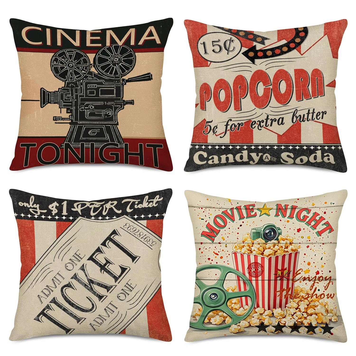 Smilyard Movie Theater Cinema Throw Pillow Covers Vintage Cinema Ticket with Popcorn Throw Pillow Case 18x18 Inch Cotton Linen Personalized Home Decor Cushion Cover for Sofa Set of 4 (Cinema Set)