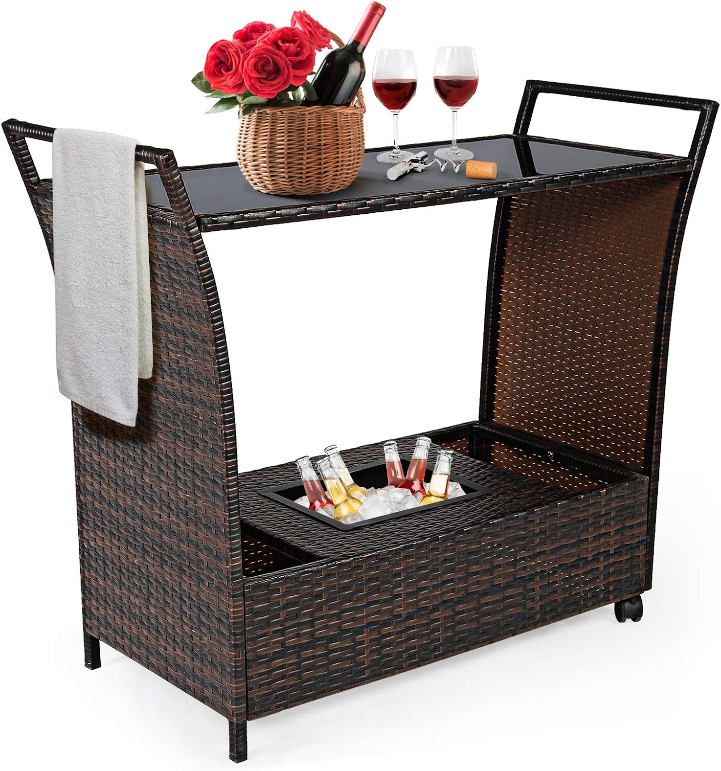 RELAX4LIFE Outdoor Wicker Bar Cart with Removable Ice bucket, Patio Serving Counter Table with Glass Top & Wheels, Storage Compartments Rattan Rolling Trolley for Pool, Backyard,Porch Wine Cart, Brown