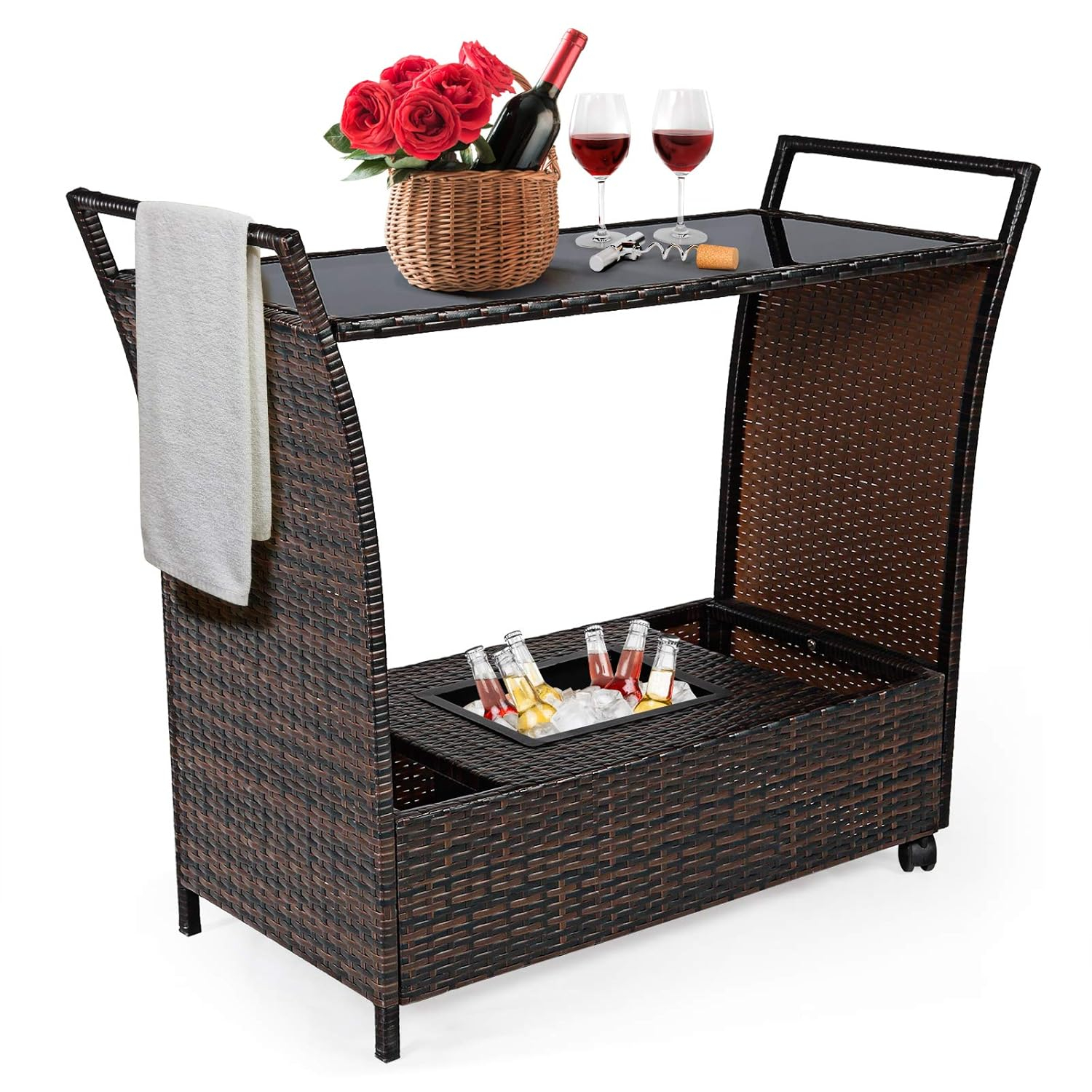 RELAX4LIFE Outdoor Wicker Bar Cart with Removable Ice bucket, Patio Serving Counter Table with Glass Top & Wheels, Storage Compartments Rattan Rolling Trolley for Pool, Backyard,Porch Wine Cart, Brown