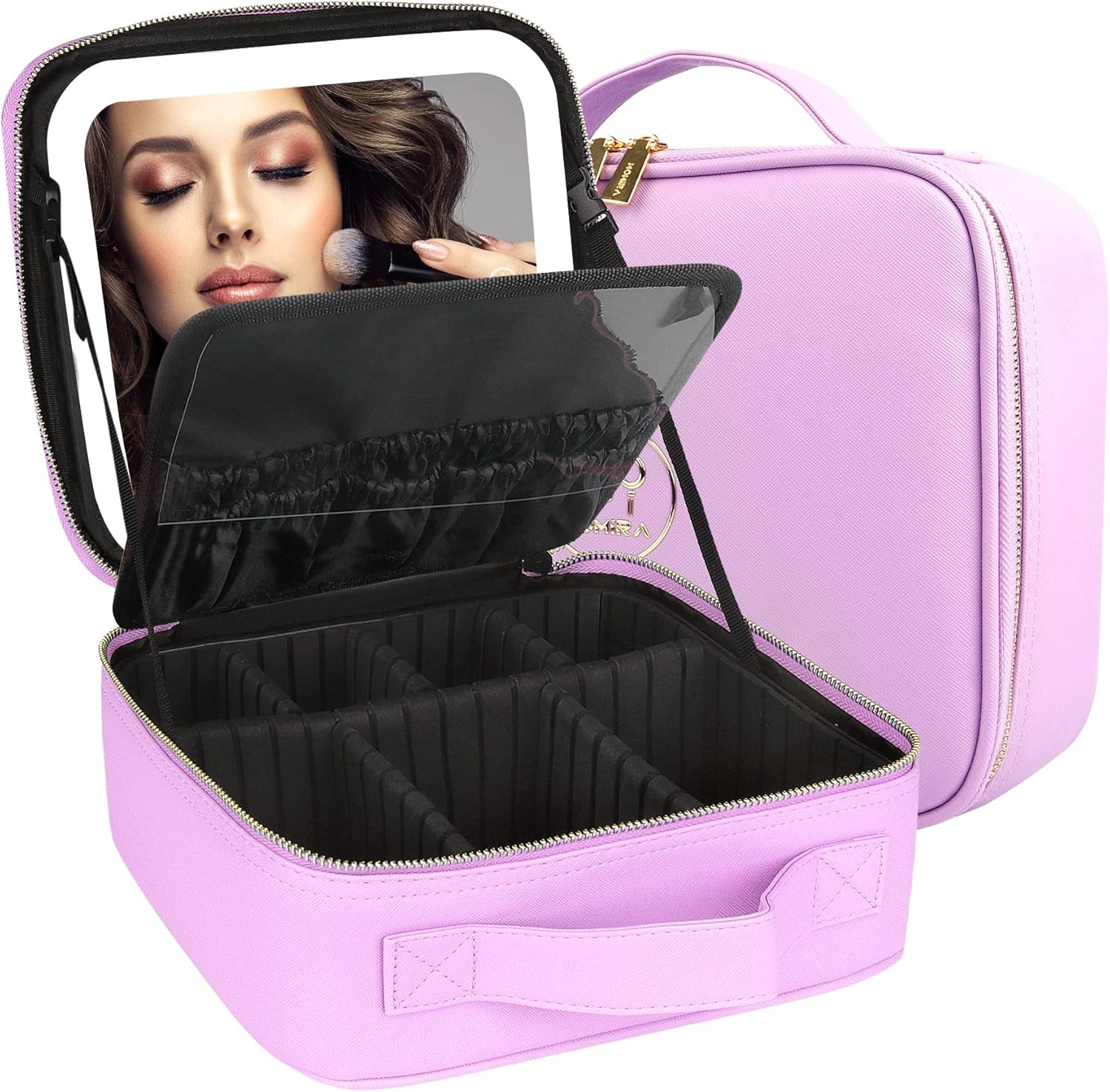 MOMIRA Travel Cosmetic Train Case with Lighted Mirror 3 Color Scenarios Cosmetic Bag Organizer with Adjustable Dividers Makeup Storage for Women, Makeup Accessories & Tools Case Purple