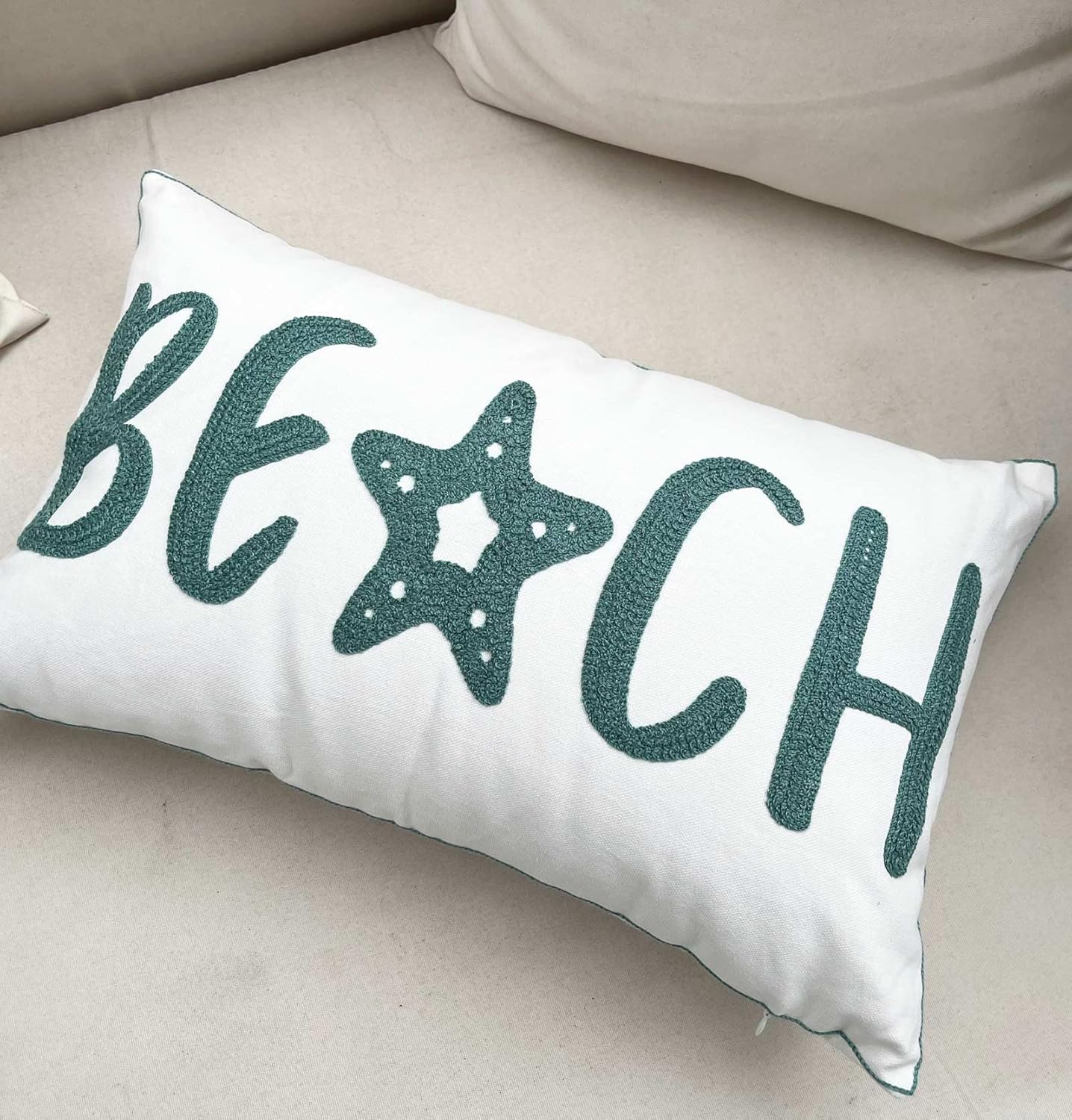 Embroidered Beach Throw Pillow Covers,Beach Decorative Canvas Pillow Cover for Nautical Style Deco 12 X 20 Inches (Beach 1220)