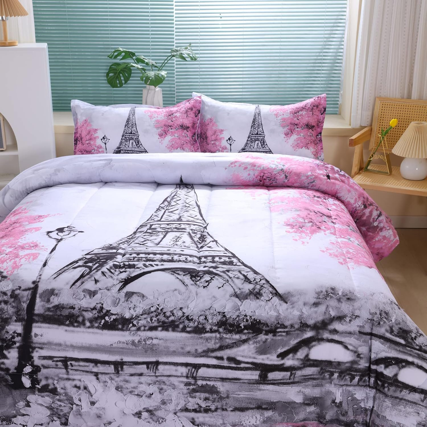 Suncloris Paris Style Comforter Set for Girls Teens, Queen Size France Eiffel Tower Bedroom Themed Bedding Comforter with 2 Romantic French Pink Flowers Patterned Pillowcases-90 x90(Queen, Grey)