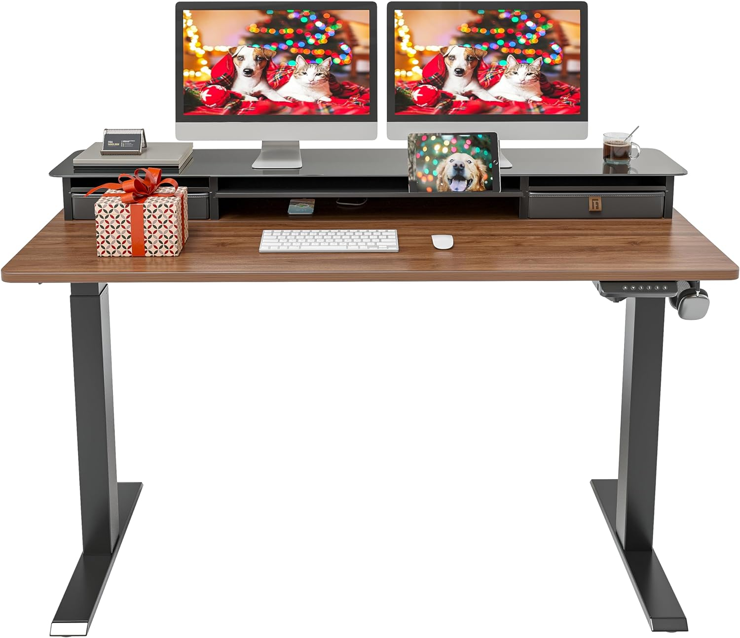 FEZIBO 55 x 24 Inch Height Adjustable Electric Standing Desk with Double Drawer, Sit Stand Desk, Black Walnut